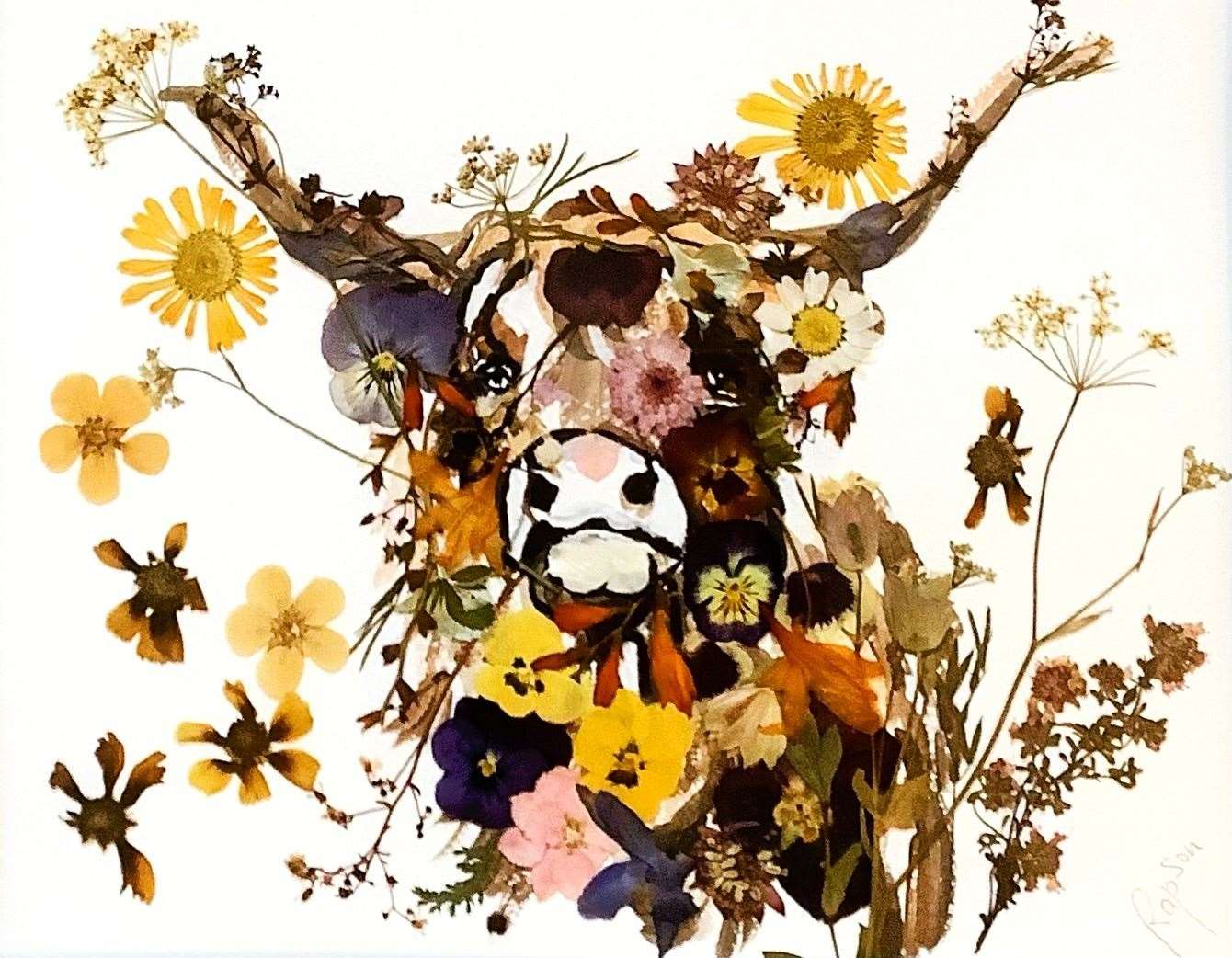 Elaine Rapson-Grant makes Oshibana pictures with pressed flowers. ‘Guinness, The Highland Cow' was made using Margaret Clyne's dried flower collection.