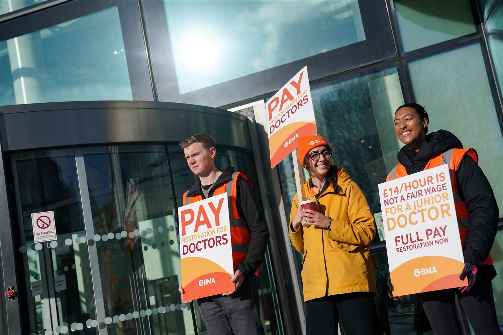 Striking NHS junior doctors on the picket line outside Queen Elizabeth hospital in Birmingham (Jacob King/PA)