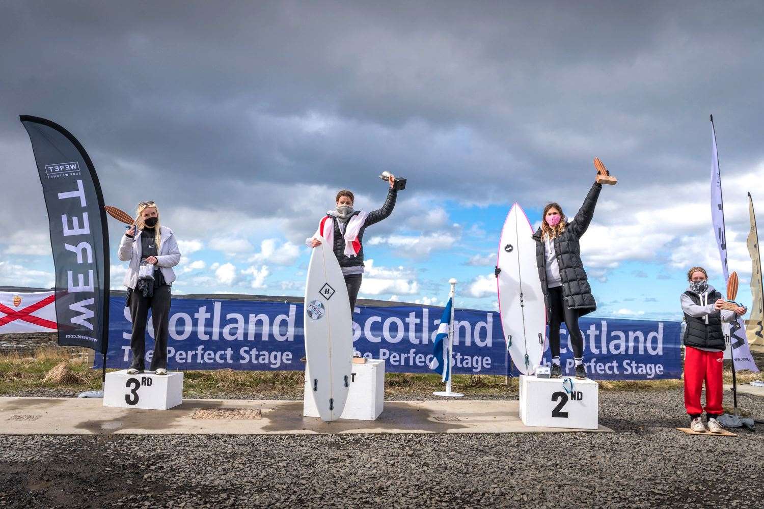 The champions from the women's division, all from the English team, take to the podium – first Lucy Campbell, second Emily Currie, third Ellie Turner, and fourth Alys Barton. Picture: Studiograff Photography