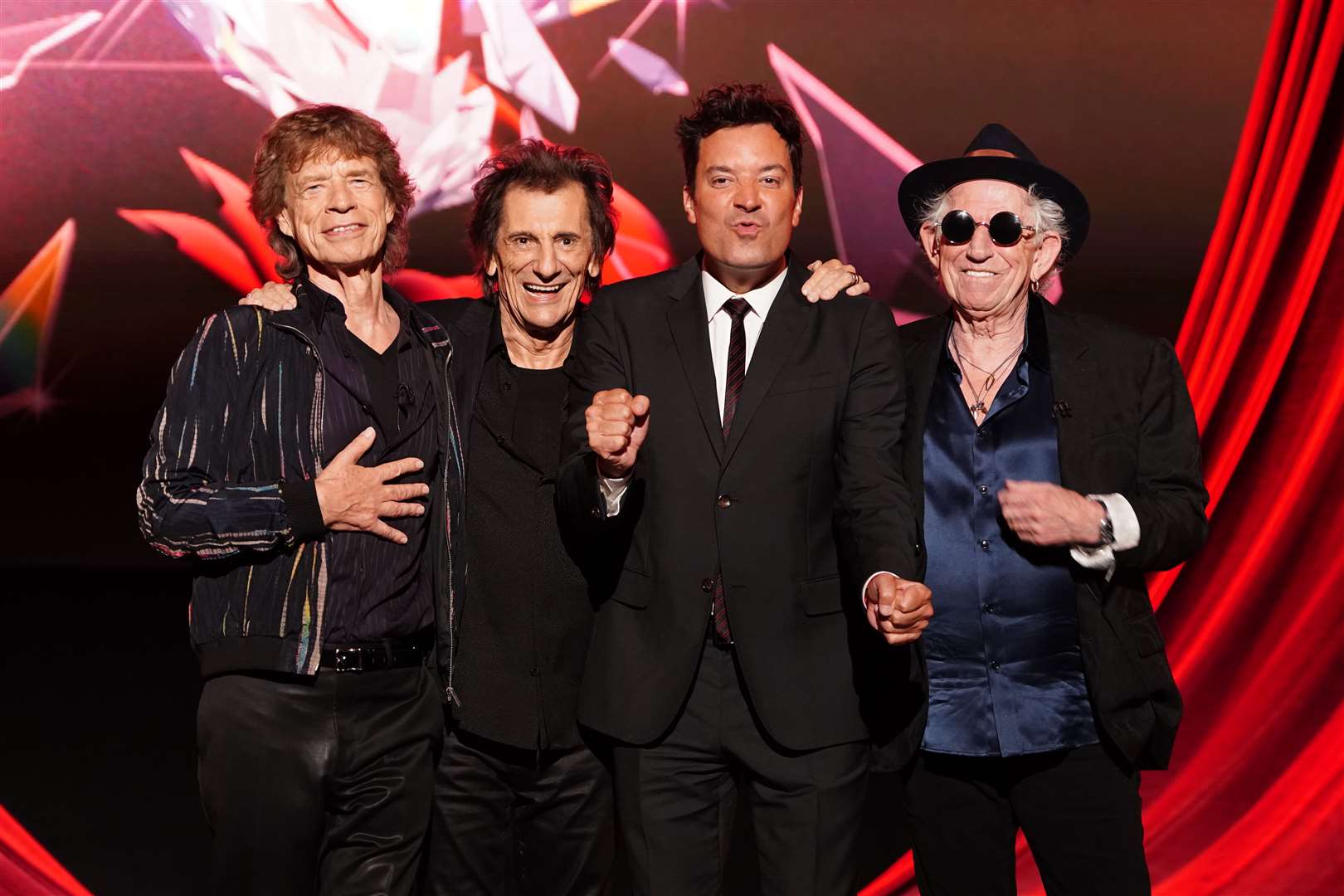 Left to right, Ronnie Wood, Mick Jagger, Jimmy Fallon and Keith Richards (Ian West/PA)