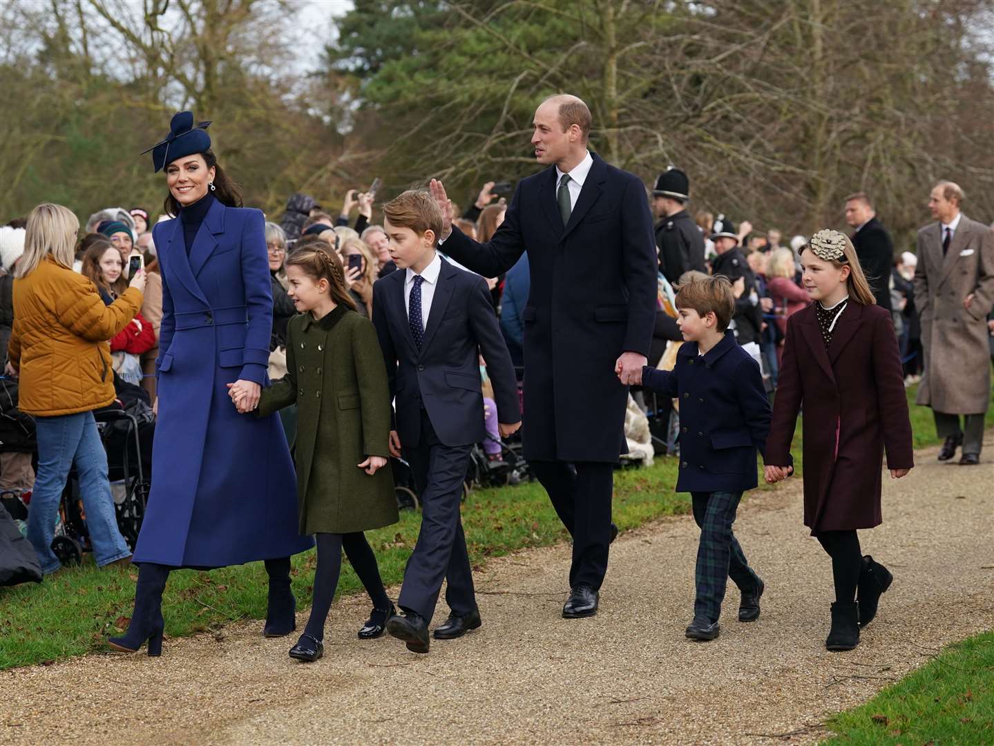 The Princess of Wales, Princess Charlotte, Prince George, the Prince of Wales, Prince Louis and Mia Tindall strolled to the service, too (Joe Giddens/PA)