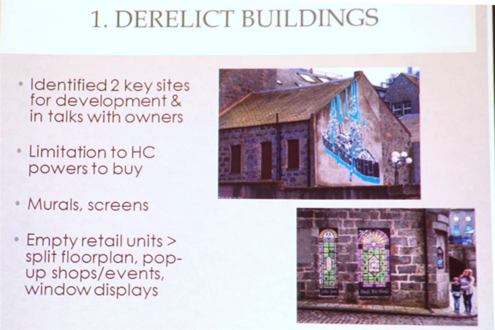 This slide from the regeneration meeting in Wick on Monday shows how derelict buildings could be spruced up.
