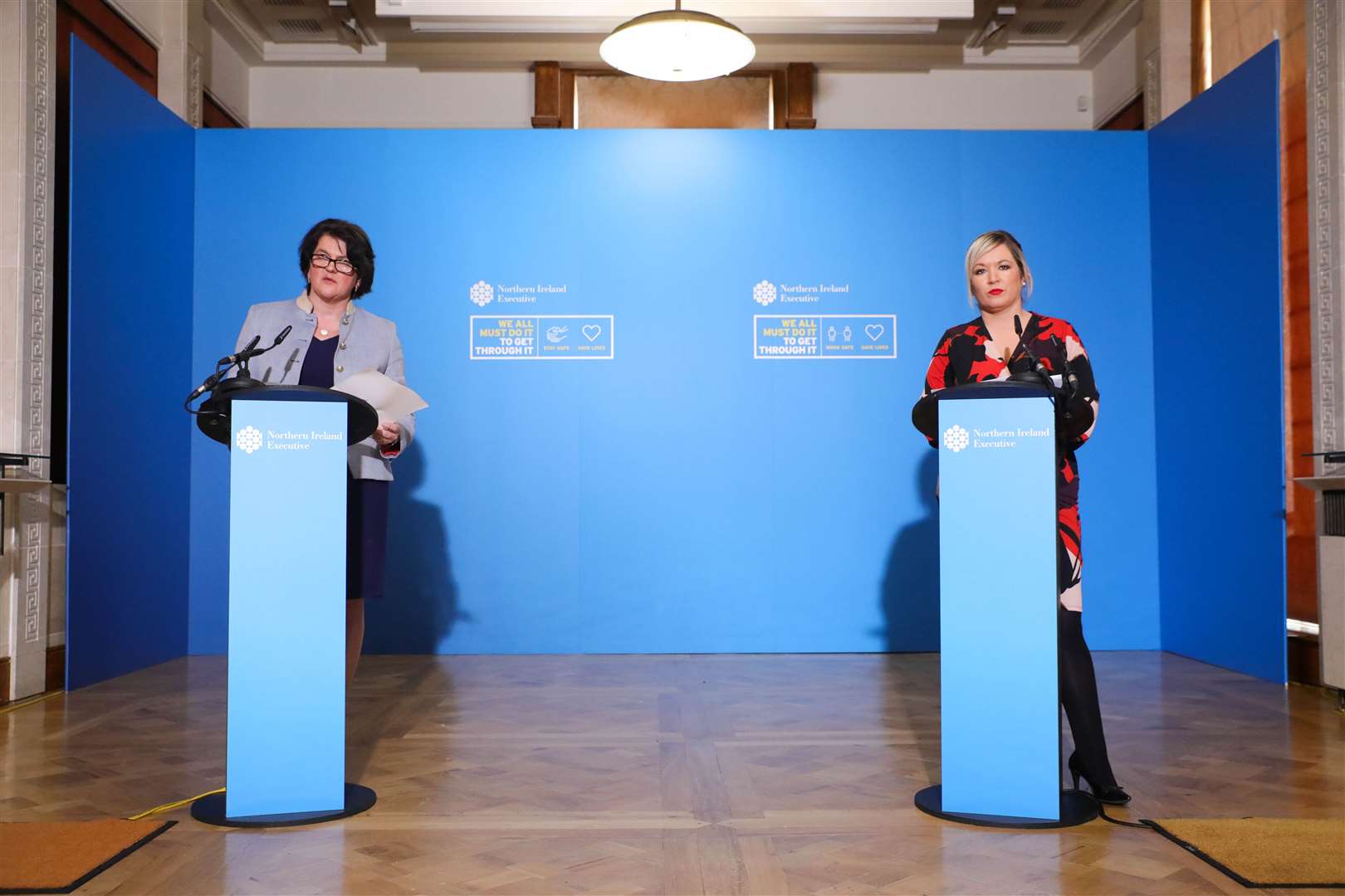 Arlene Foster and Michelle O’Neill’s last joint press conference on June 29 (Presseye/PA)