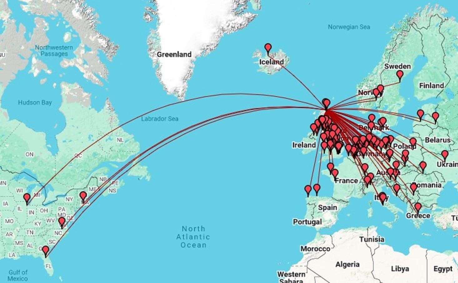 A map of the contacts made by the school's radio club.
