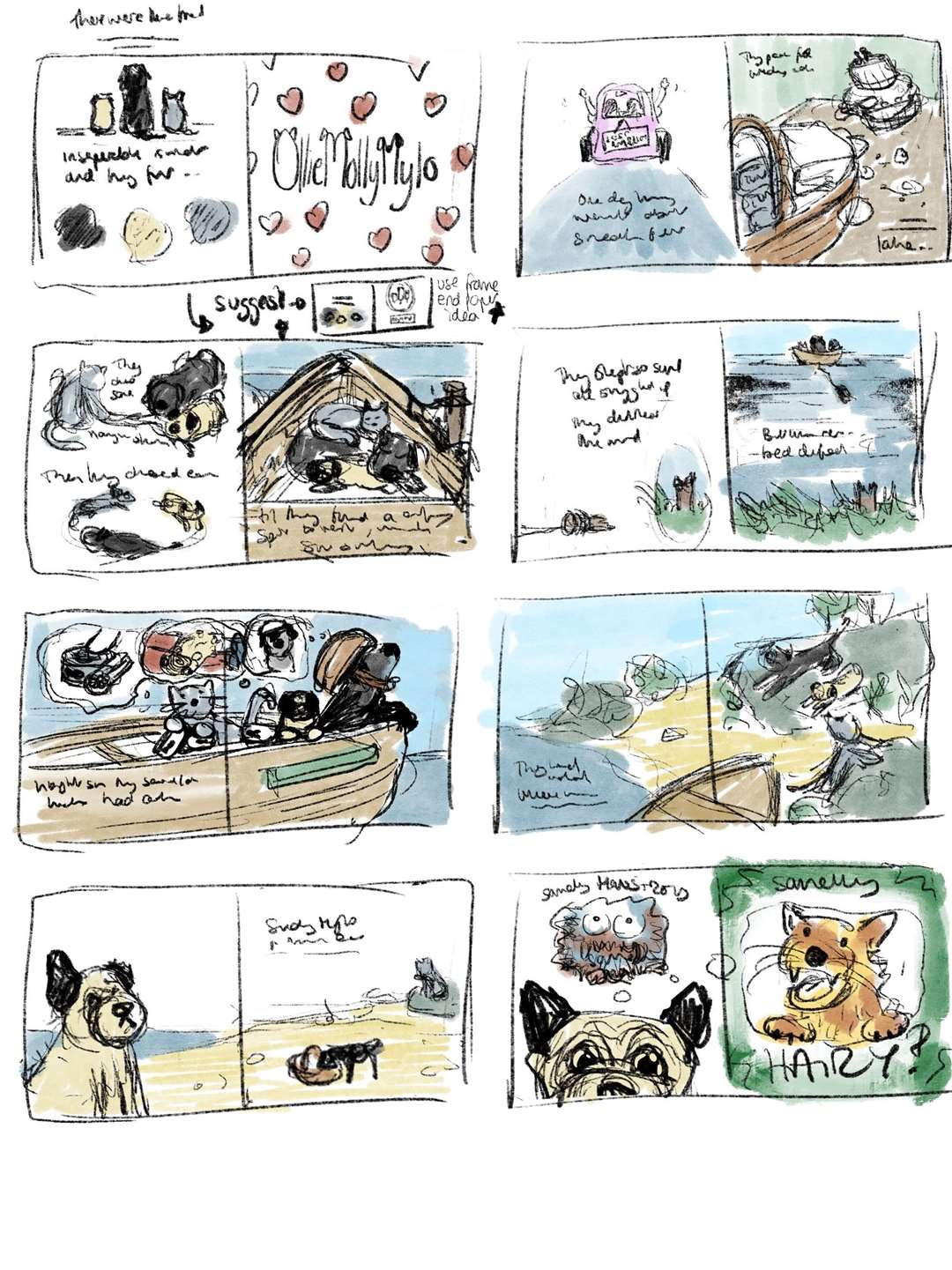 A storyboard of Catherine's drawings for the book OllieMollyMylo
