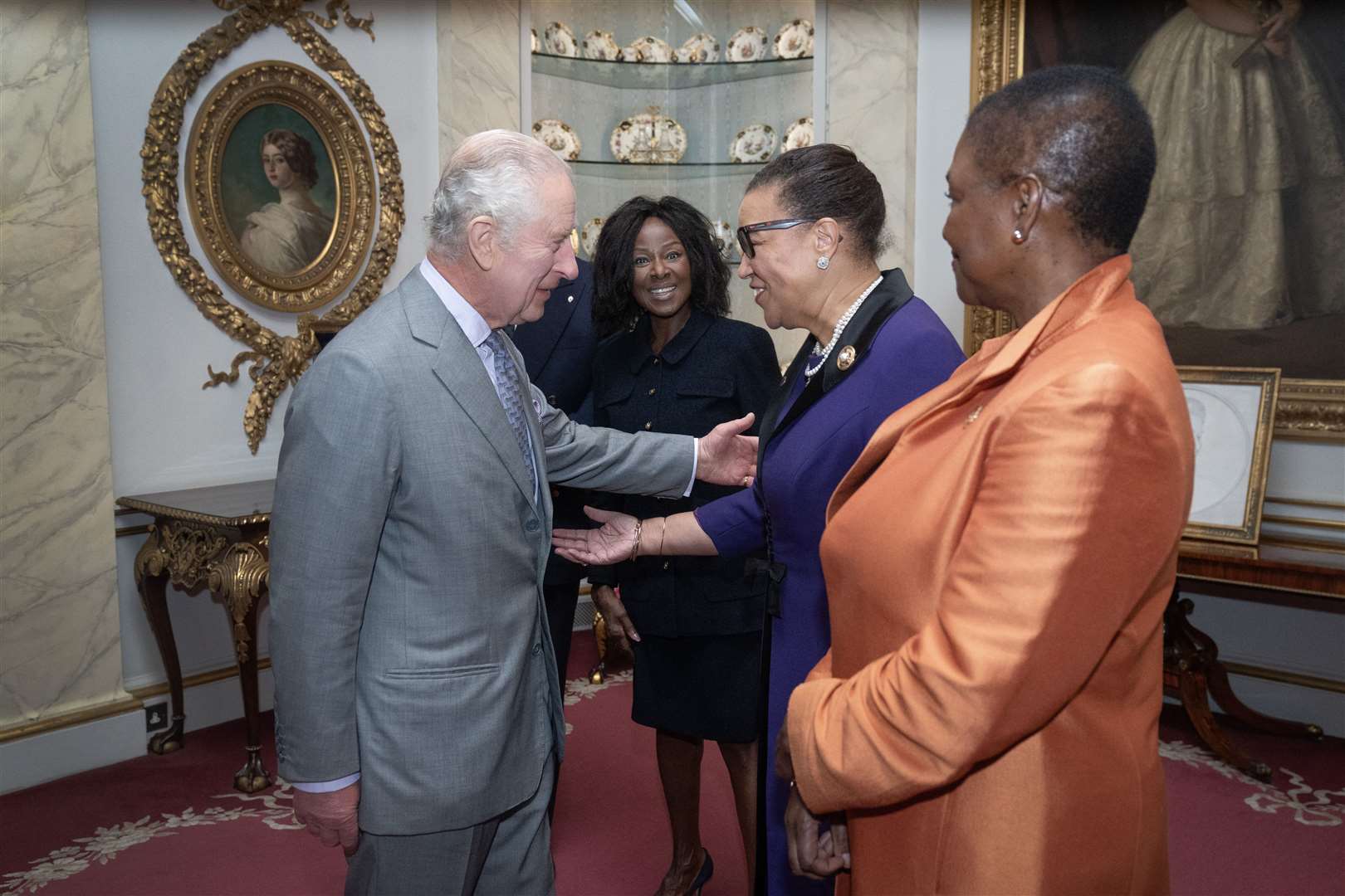 The King greets Commonwealth secretary-general Baroness Scotland at the Palace (Victoria Jones/PA)