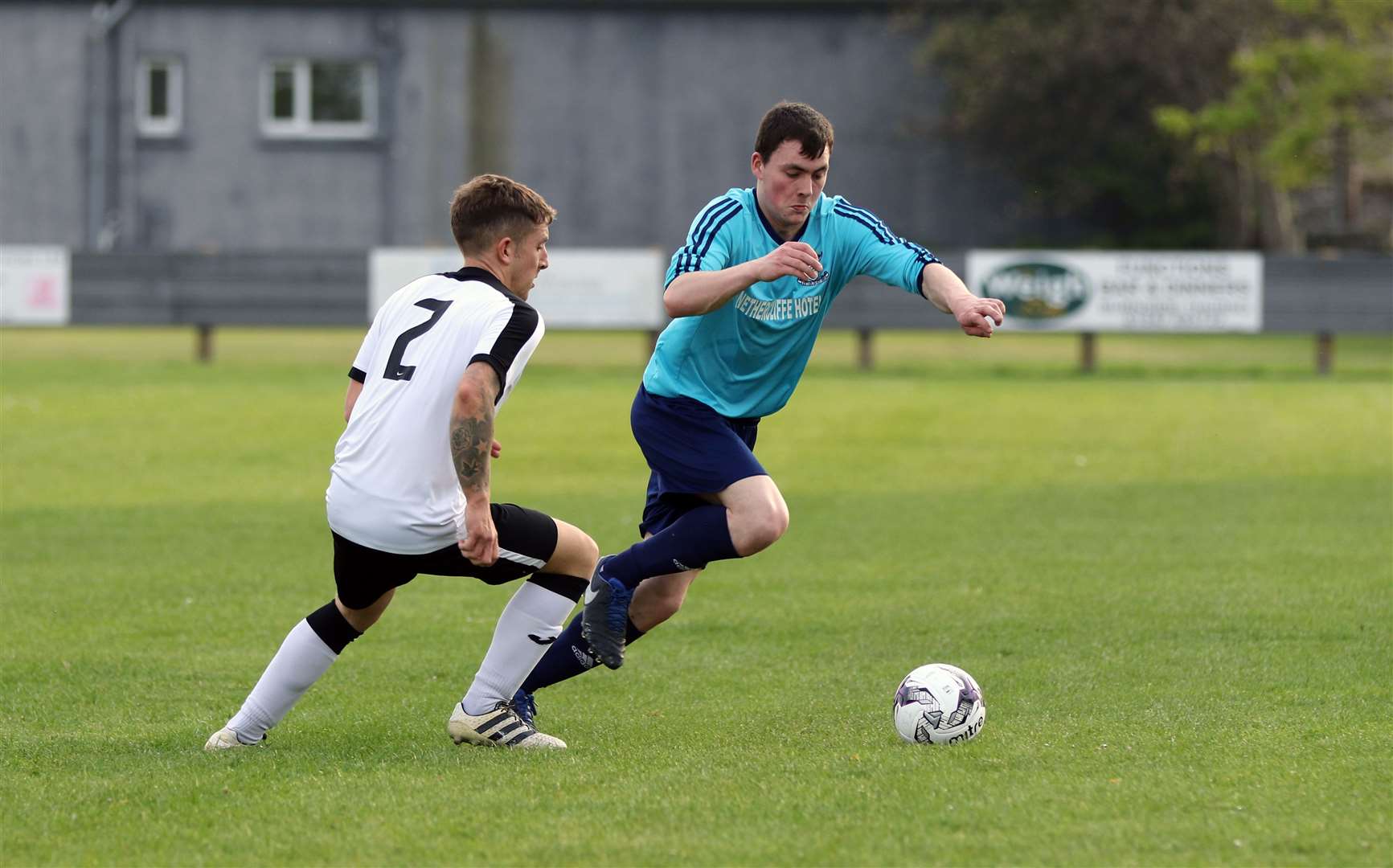 Wick Groats' Ryan Campbell – pictured on the attack in a recent Division One match against Swifts – hit a double in the Highland Amateur Cup victory over town rivals Wick Thistle on Saturday. Picture: James Gunn