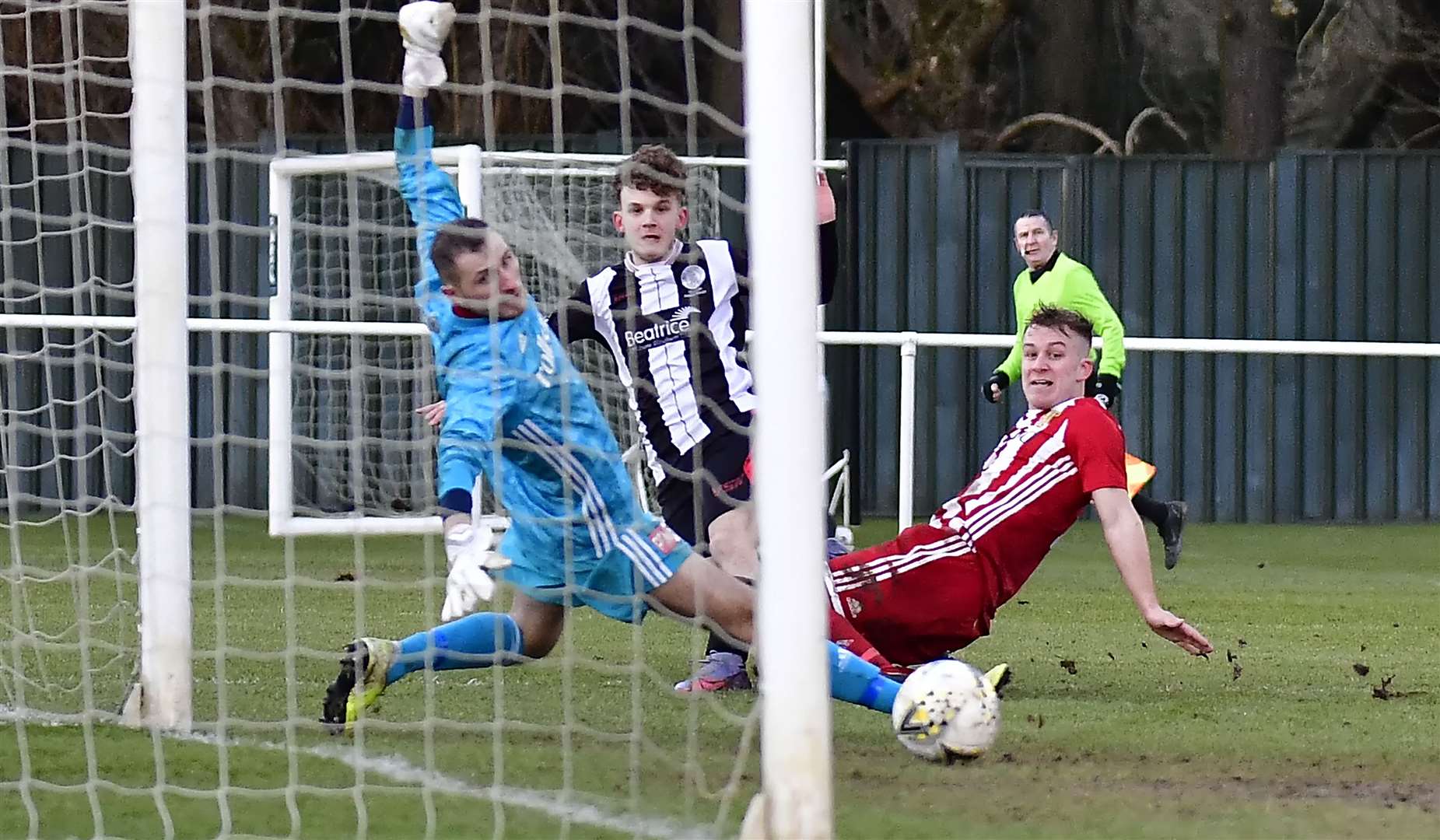 Mark Munro slots the ball past Formartine United keeper Ewen MacDonald for his first Highland League goal as Academy reduce the deficit to 3-2 at North Lodge Park on Saturday. Picture: Mel Roger