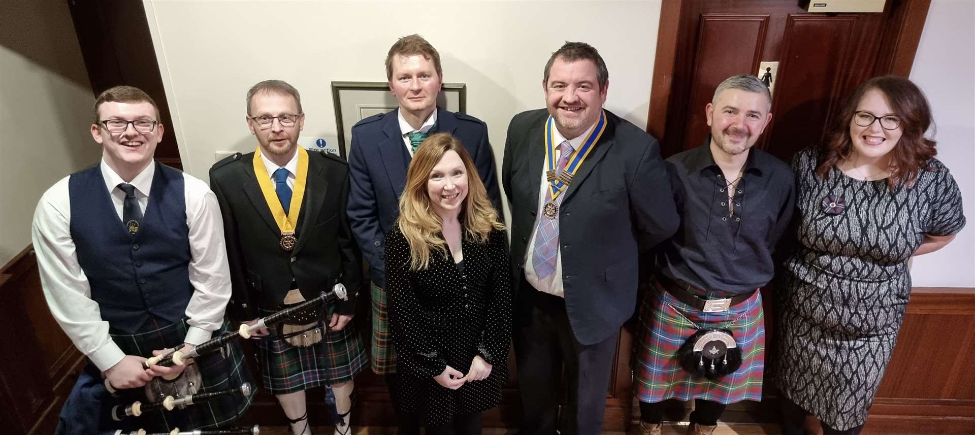 At the Burns Supper (from left) are piper Lewis MacLeod, Thurso Rotary vice-president Derek Sinclair, husband-and-wife team Thomas McAlonan who gave the Toast to the Lassies and Kathy McAlonan who replied on behalf of the Ladies, Rotary president Daryl Pickering, Mark Davenport who gave the Address to the Haggis and Jacqui Barclay who gave the Immortal Memory.