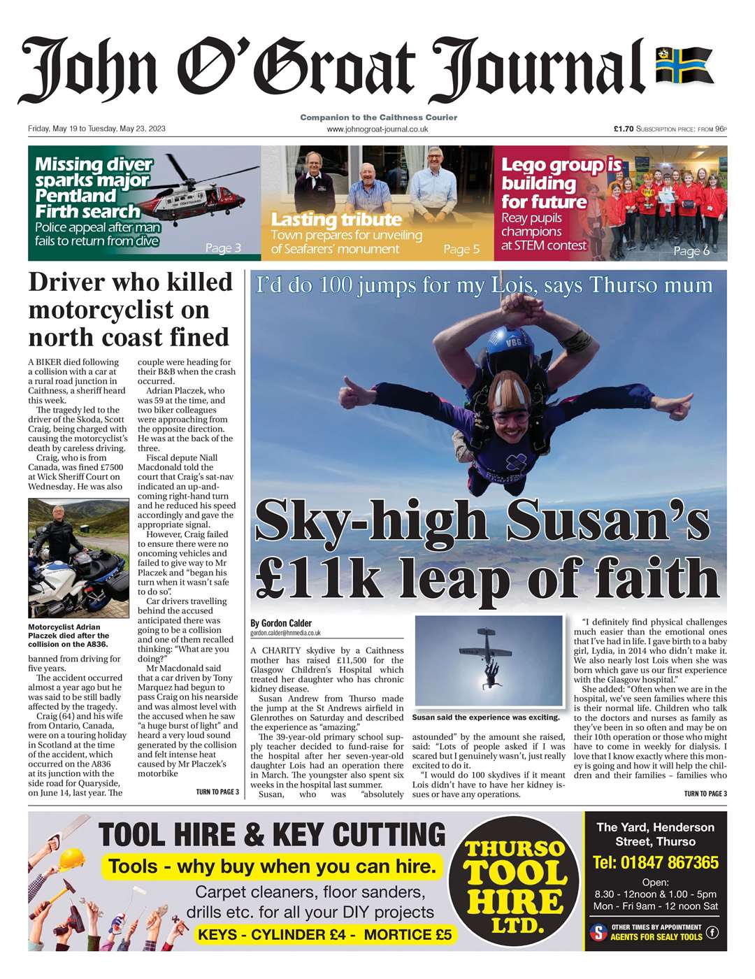 How we reported the skydive story in the John O'Groat Journal.