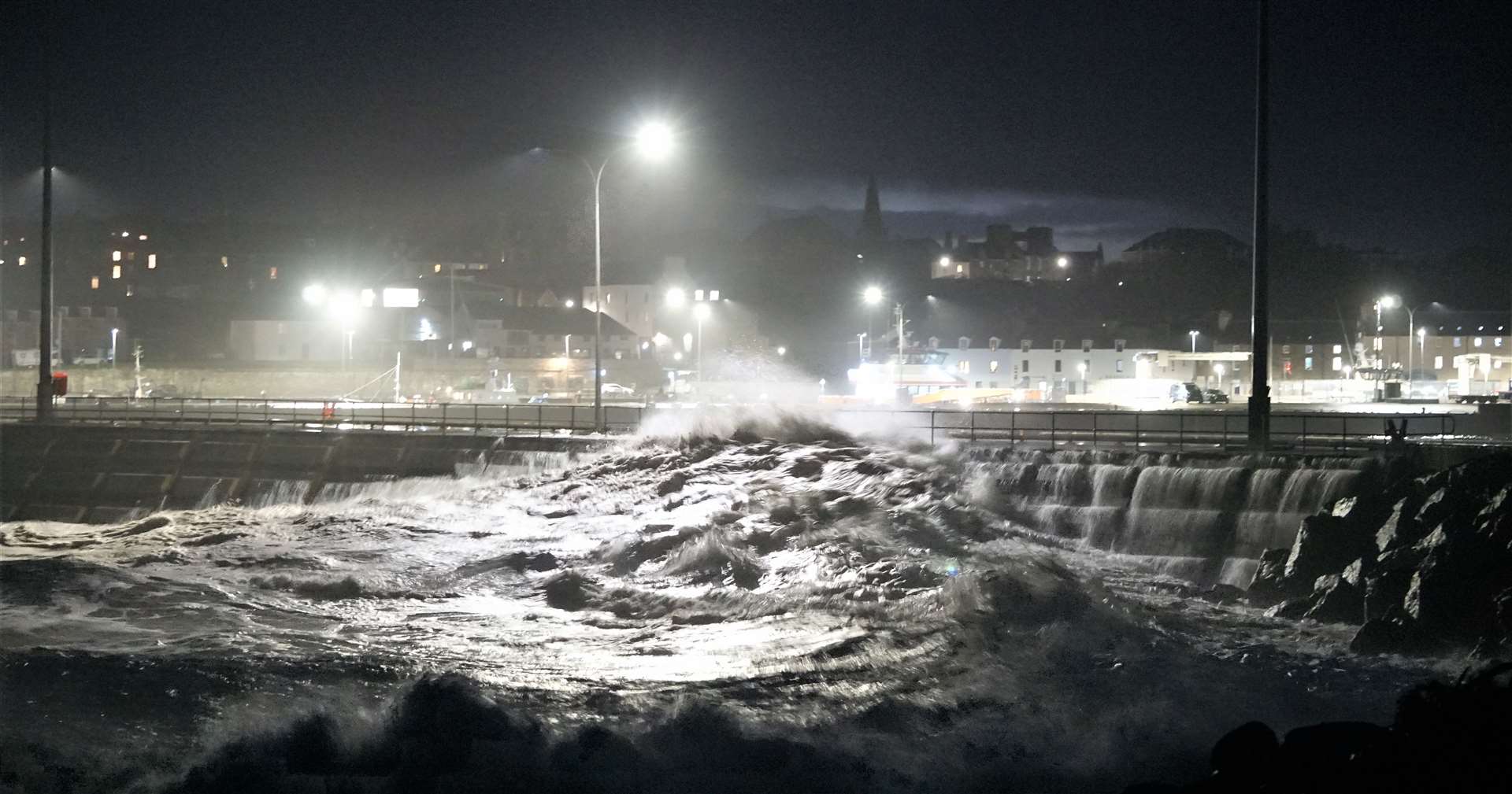 Huge waves pounding the North Pier at Wick Harbour on Wednesday evening. Picture: DGS