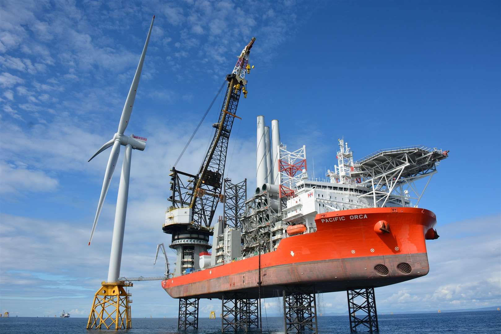 Construction in progress in July 2018 at the Beatrice offshore wind farm. Picture: Bowl