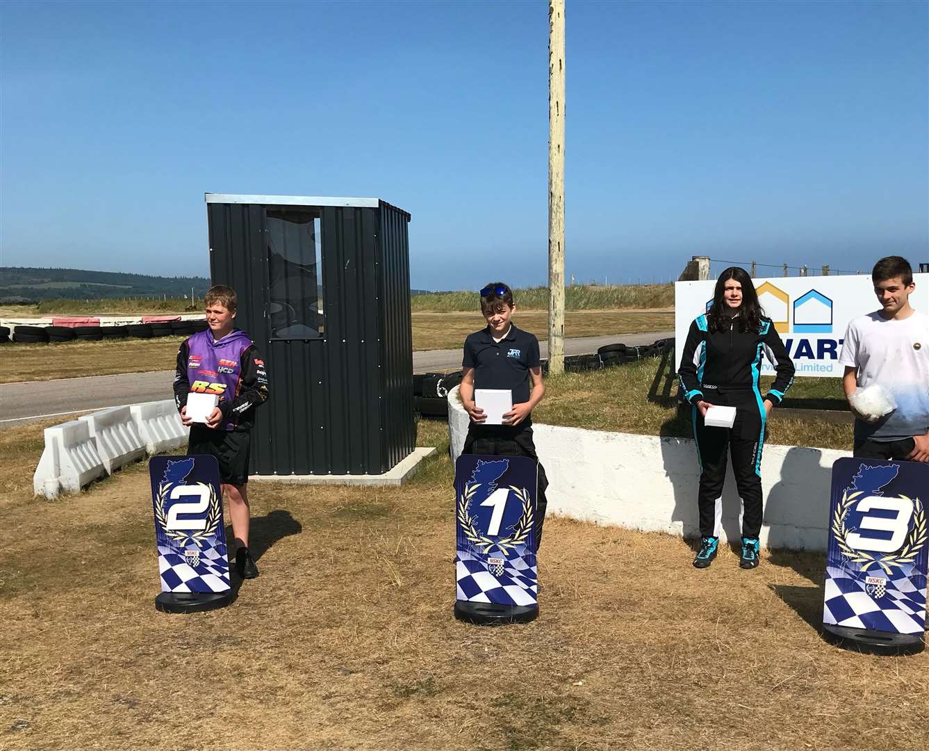 Junior Max winner Jack Ryan with the other leading competitors in his section at the Golspie Open kart racing event.
