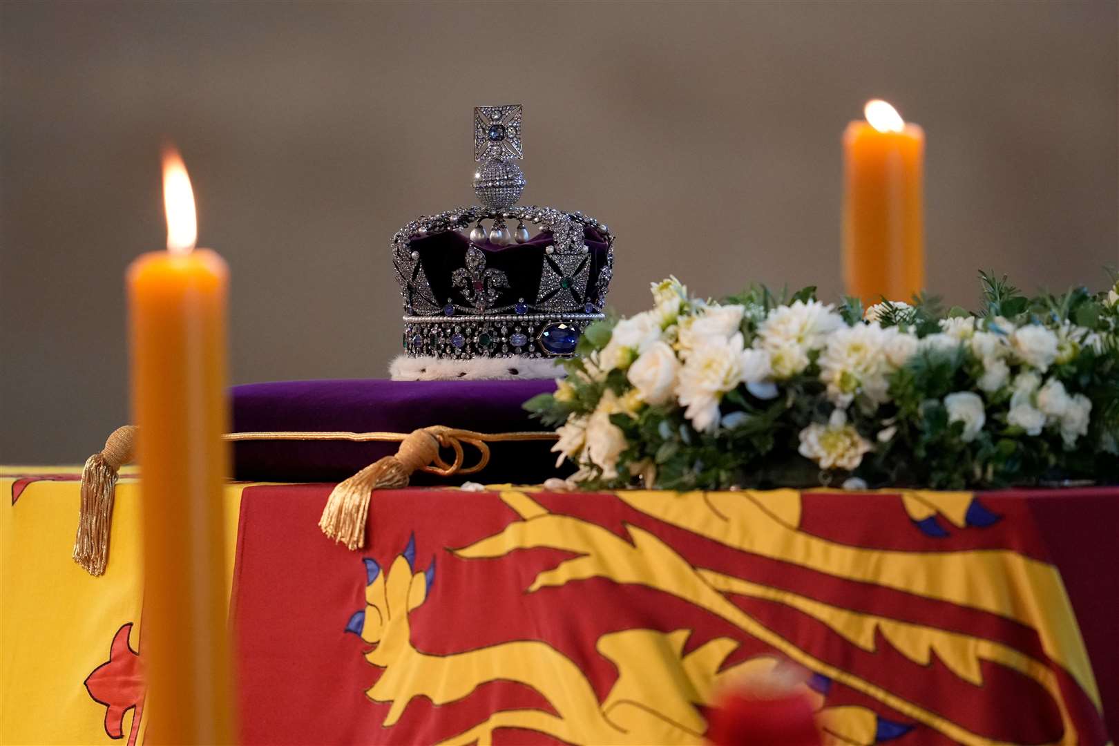 The Queen’s coffin adorned with the Imperial State Crown (Christopher Furlong/PA)