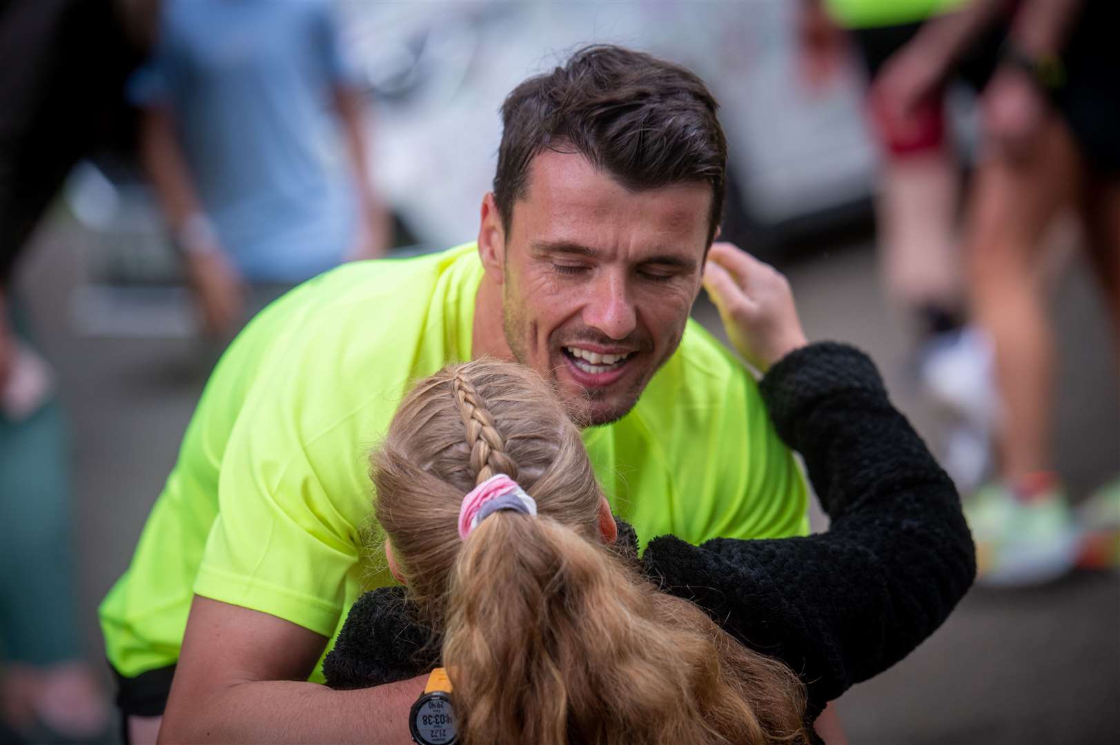 Steven gets a hug from young Pebbles at the end of his NC500 challenge for MFR Cash for Kids. Picture: Callum Mackay