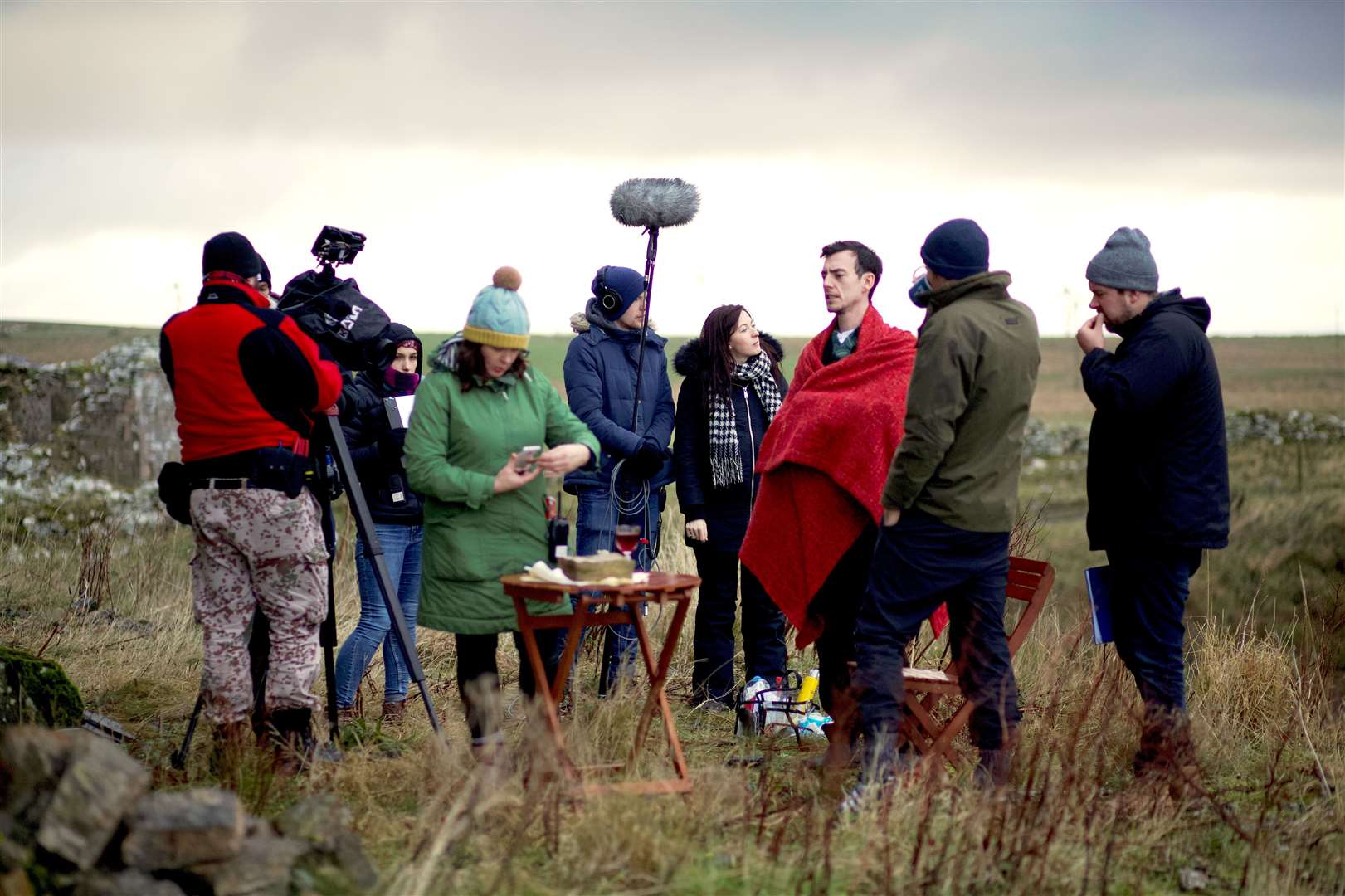 Cast and crew prepare for a scene during the filming of Playhouse at Freswick Castle.