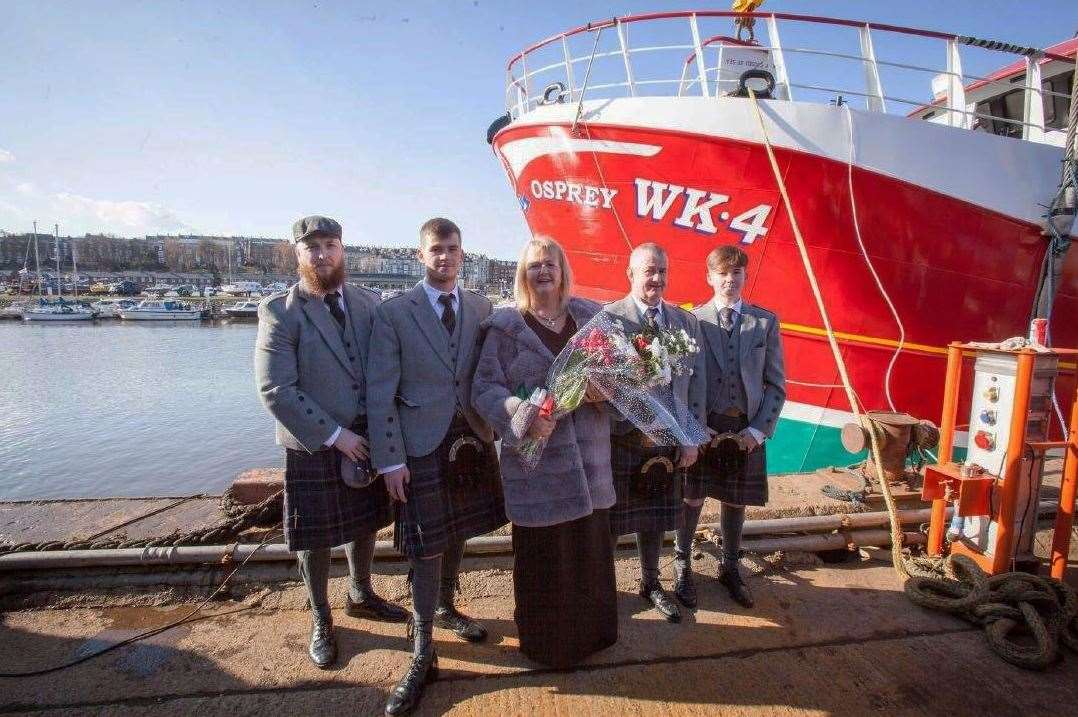 Diane Watt and husband Andrew (Watty) with sons Craig, Ian and Danny in Whitby at the launch of the family firm's new boat, Osprey, in early March last year.