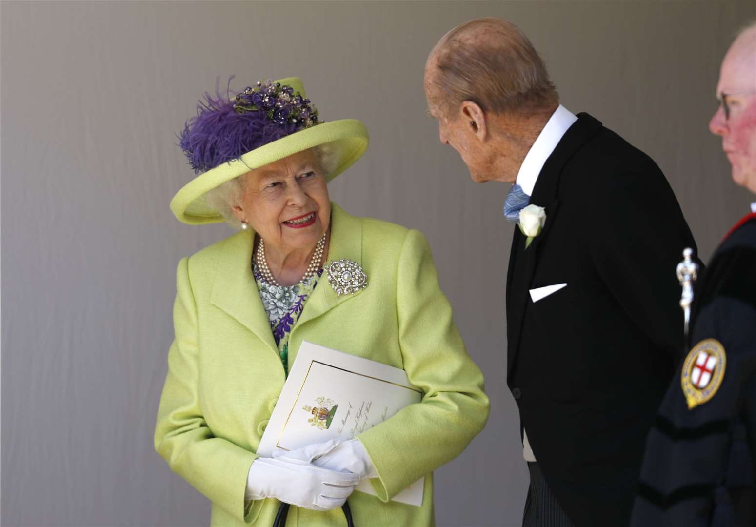 The Queen wore the same brooch to the Sussexes’ wedding in 2018 (Alastair Grant/PA)