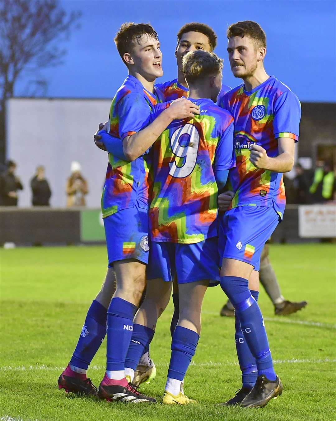 Nairn players celebrate Aaron Nicolson's penalty which gave the visitors a 2-1 lead. Picture: Mel Roger