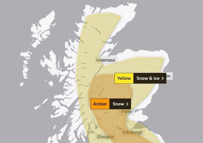 The areas covered by the yellow and amber warnings for snow. Picture: Met Office.