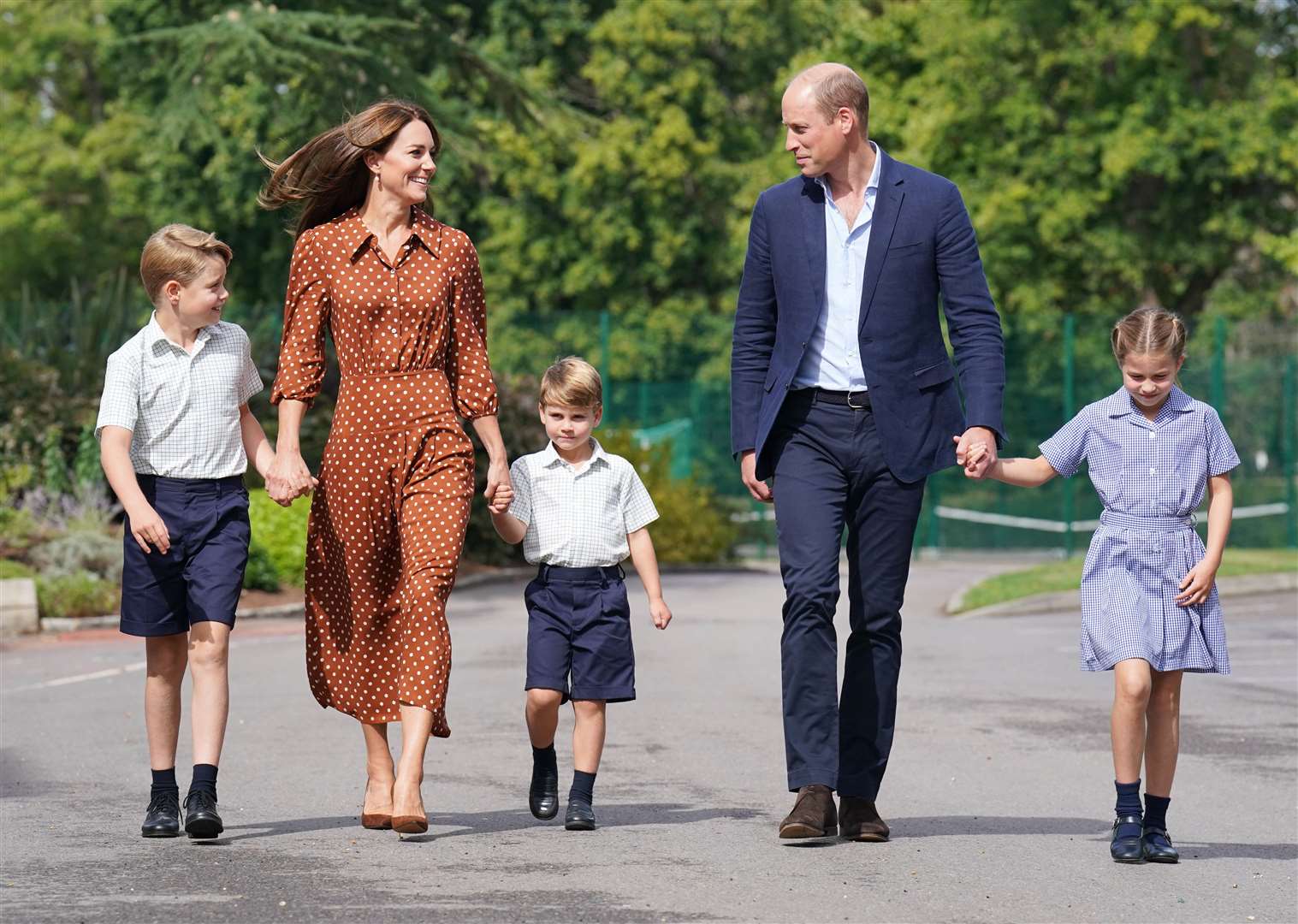 The Prince and Princess of Wales with their children, Prince George, Princess Charlotte and Prince Louis, on their first day at Lambrook School in September 2022 (Jonathan Brady/PA)
