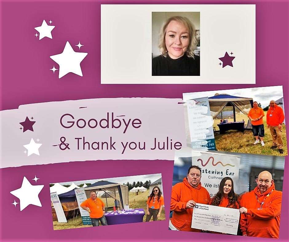 Poster image by the Listening Ear Caithness team thanking Julie for her sterling work with mental health service provision in the county.