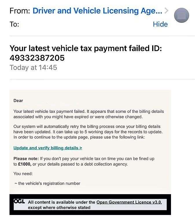 Example of scam email pretending to be from DVLA.