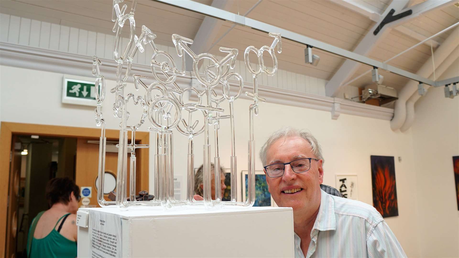 Ian Pearson beside one of his intricate glass sculptures about gender identity called Changing Signs. Picture: DGS