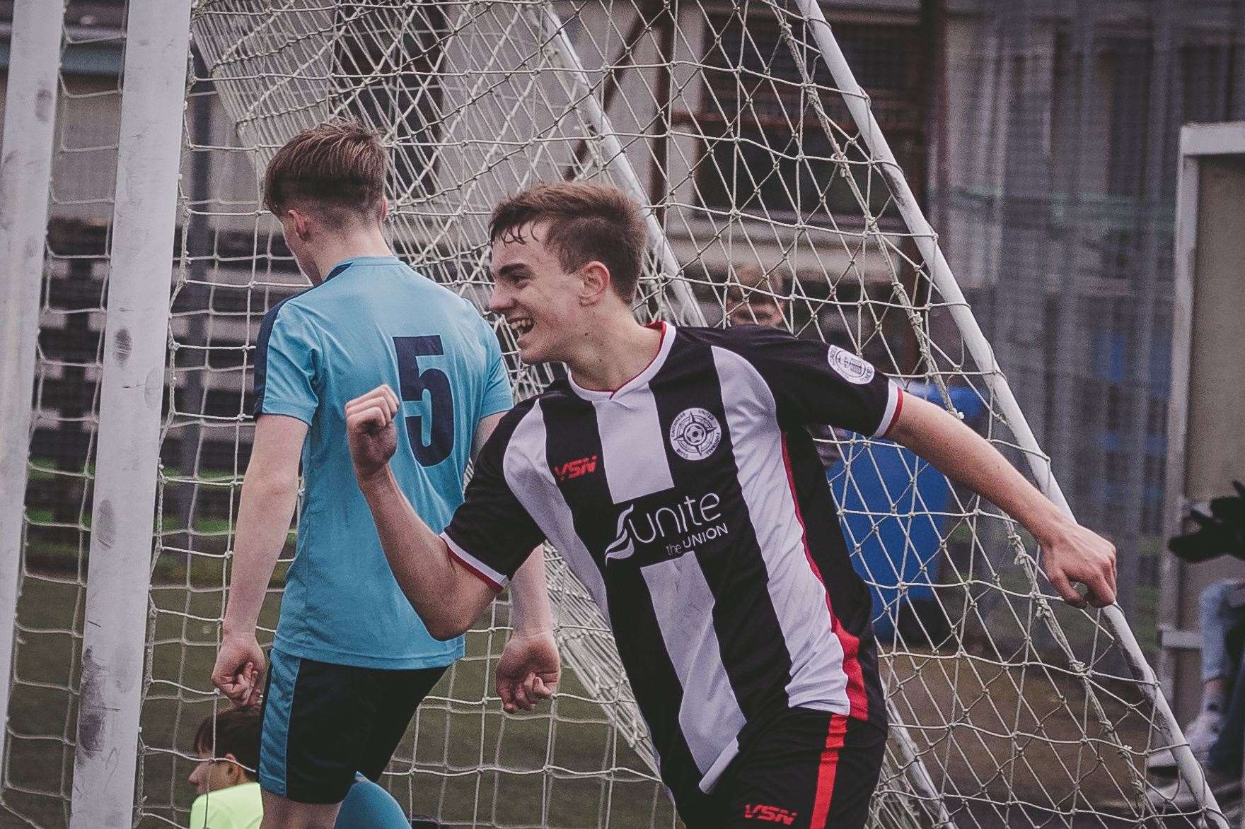 Josh Hughes celebrating a goal for Caithness United in Sunday's match. Picture: Colin Campbell Photography