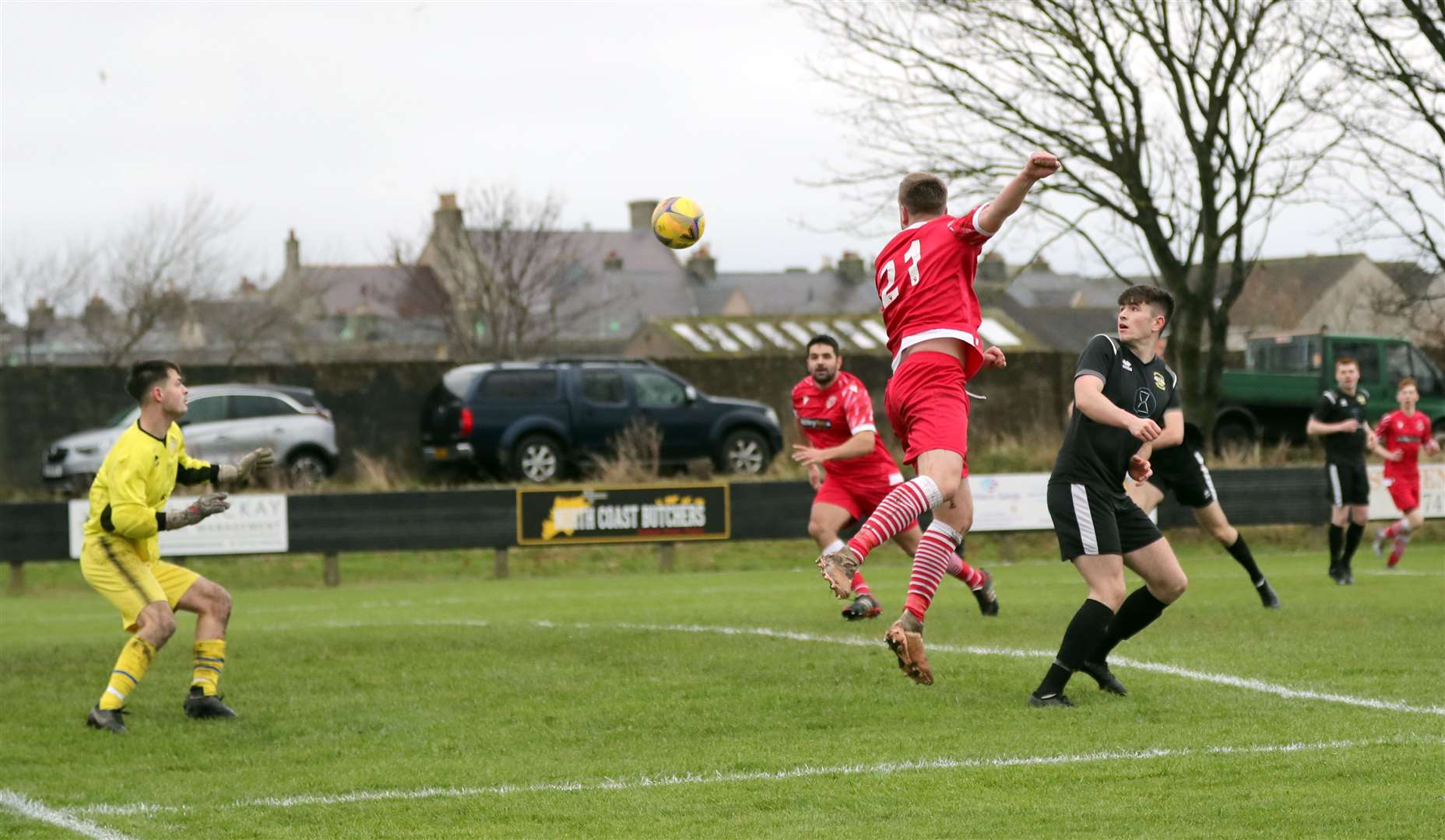 Andy Hardwick scores Thurso's second goal against Clachnacuddin 'A' with a powerful header. Picture: James Gunn