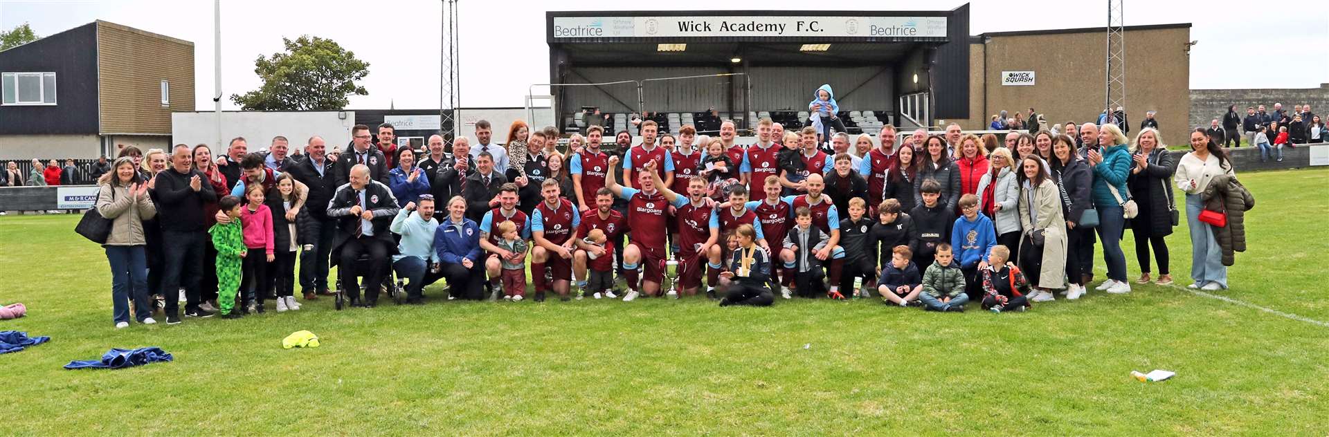 Supporters and family members celebrate with the team after Pentland United's victory in the 2024 Highland Amateur Cup final. Picture: James Gunn