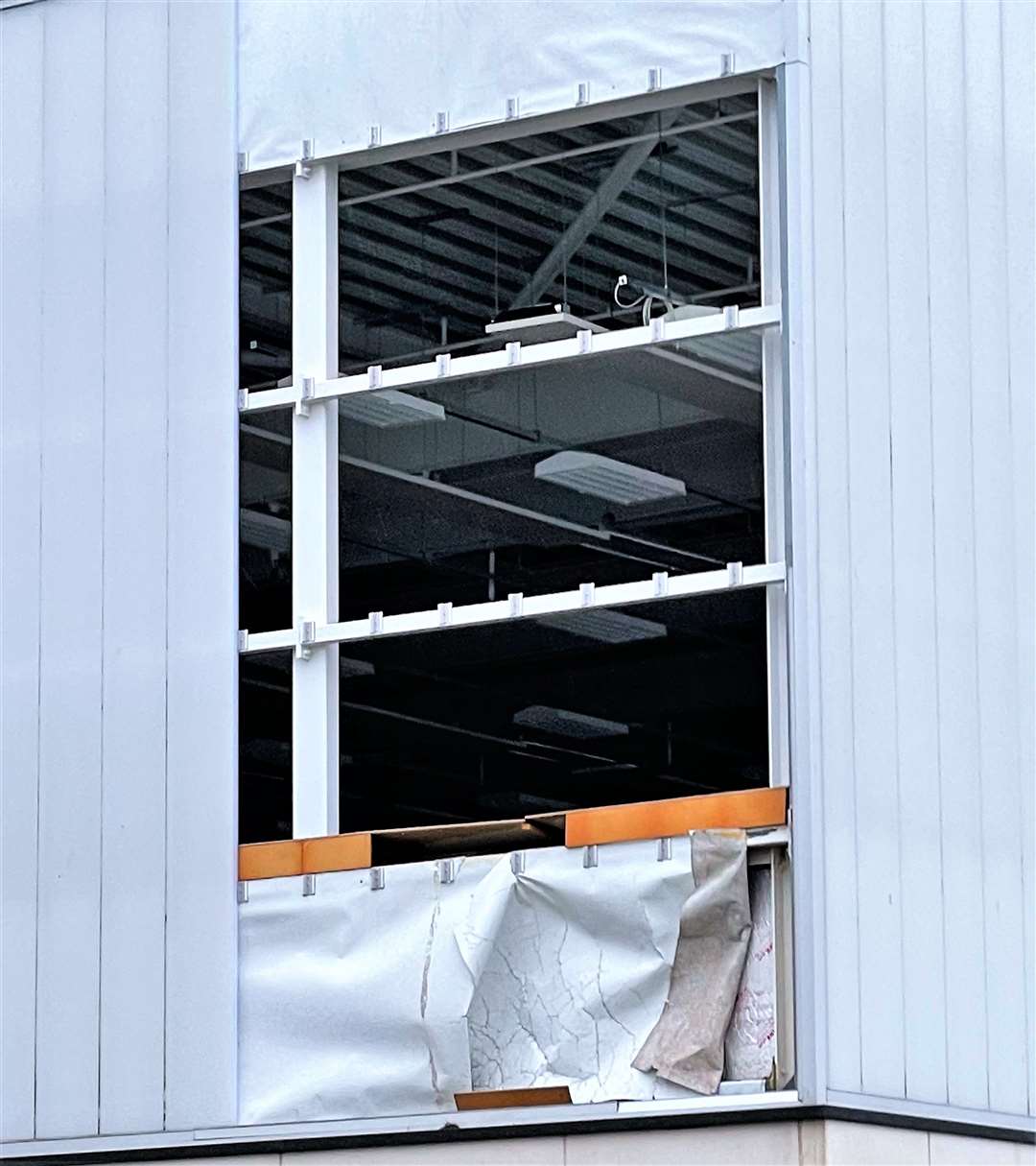 The interior of the gym could be seen when the panels were ripped off by the storm. The design team behind the gym should have understood the high wind velocities, say the community council. Picture: DGS