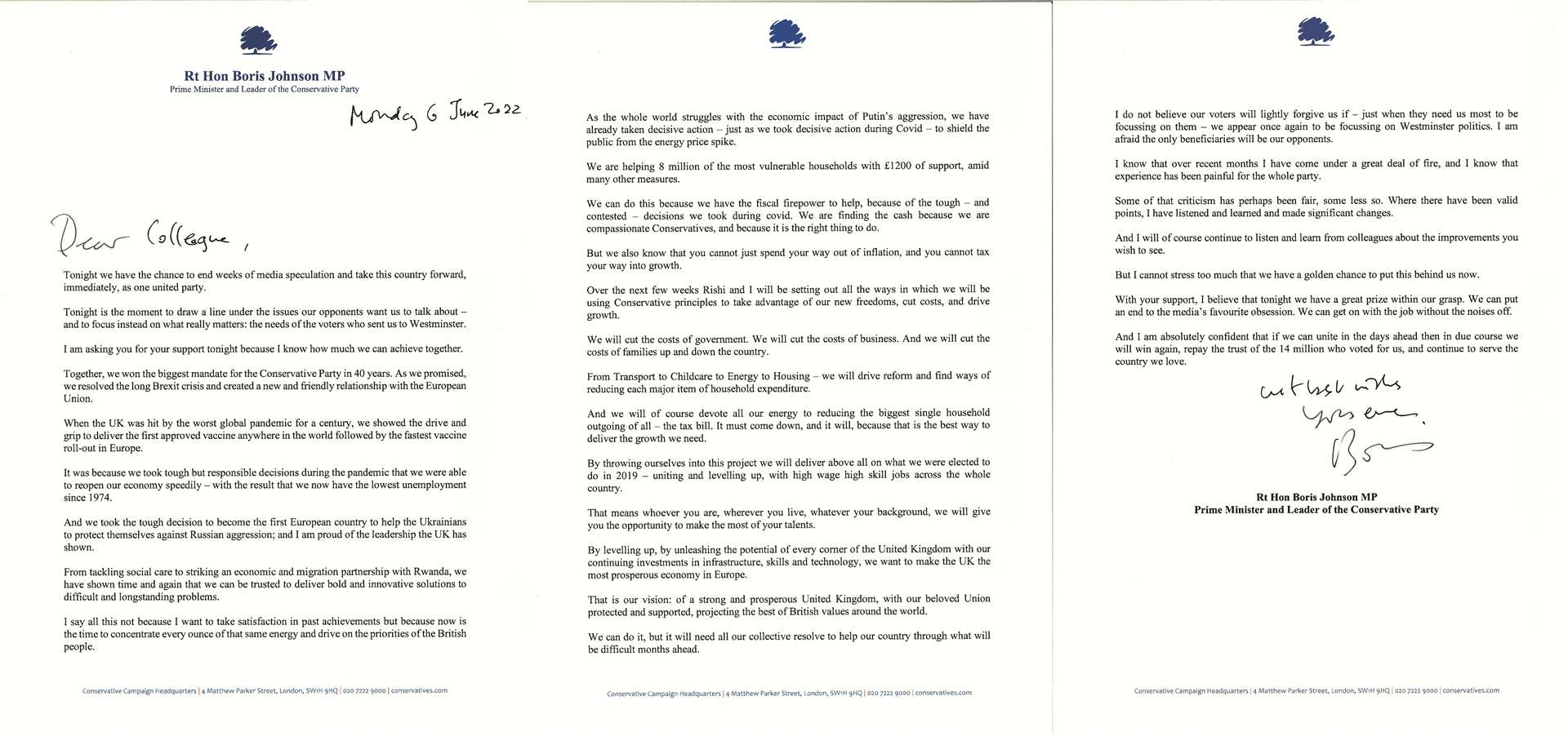 A letter written by Prime Minister Boris Johnson to Tory MPs (10 Downing Street/PA)