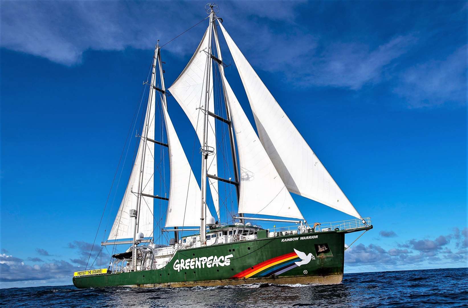 View of the Rainbow Warrior with full sails in the Pacific Ocean. The Greenpeace ship was in the Clarion Clipperton Zone in the Pacific to bear witness to the deep sea mining industry. Part of the ongoing 'Protect the Oceans' campaign. Picture: Greenpeace