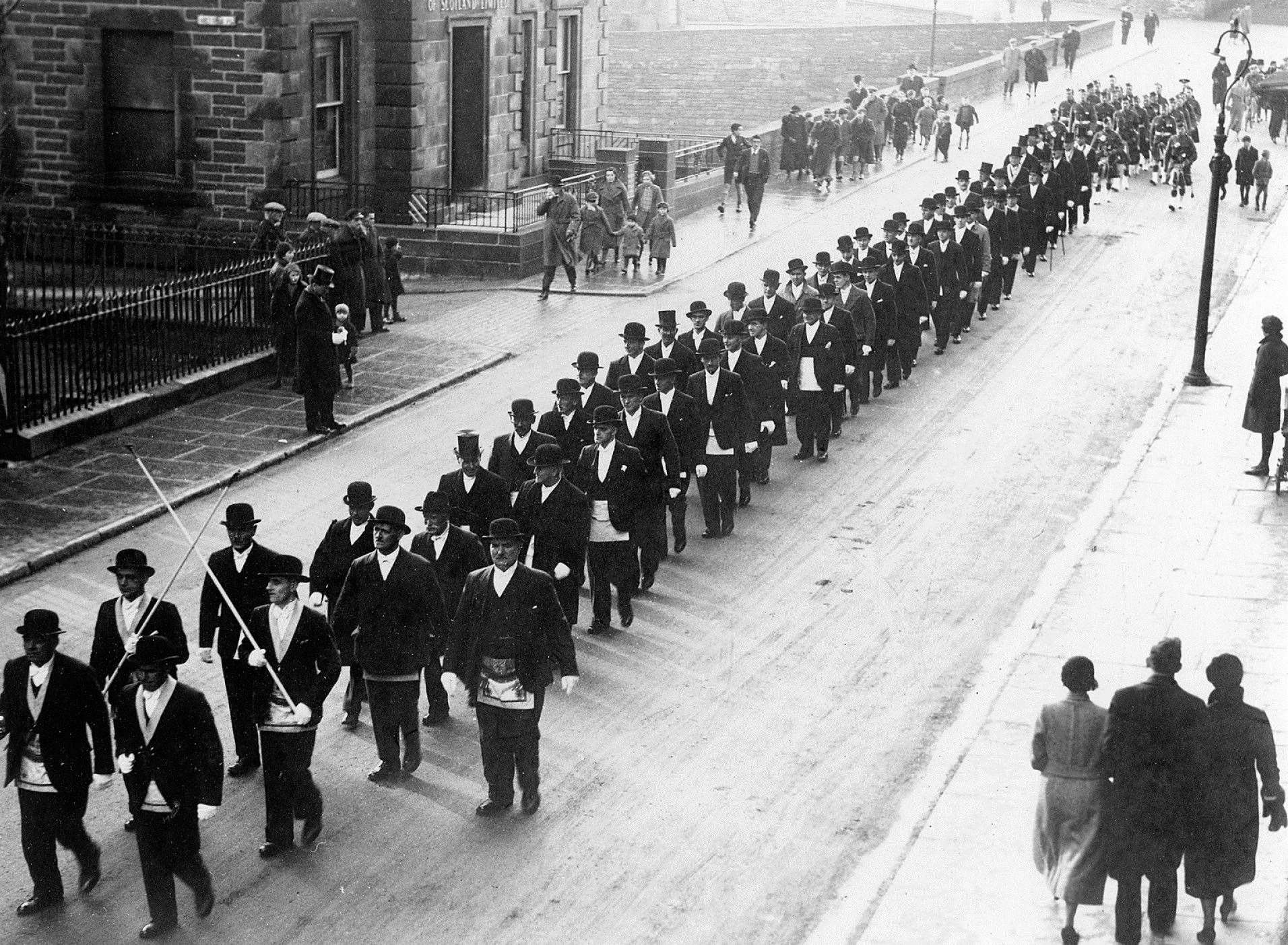 Members of the Masonic lodge on parade in Wick’s Bridge Street, possibly in the late 1940s or the 1950s.