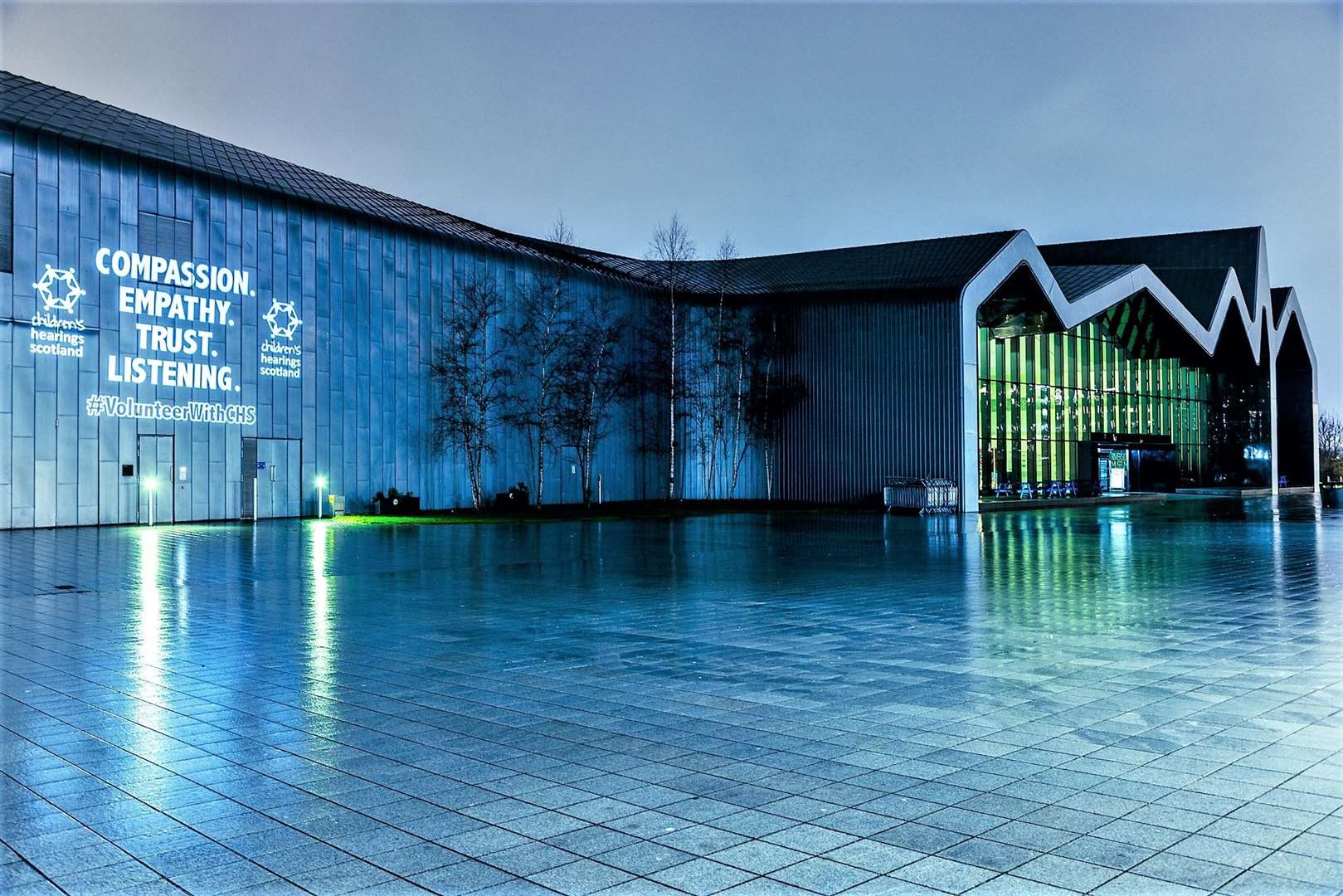 Projection on Glasgow's Riverside Museum. Picture: Double Take Projections and Children’s Hearings Scotland.