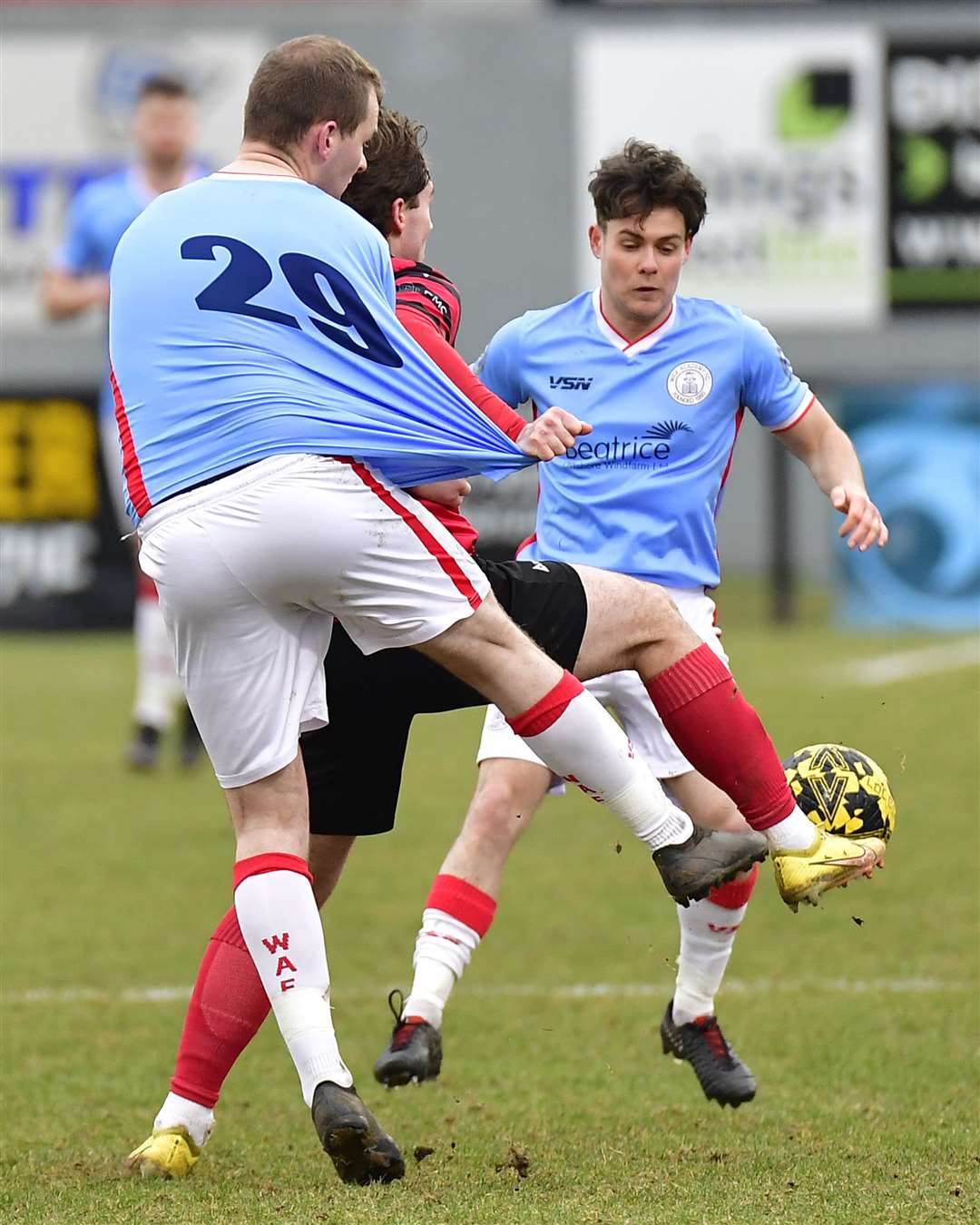 Inverurie's Myles Gaffney with a handful of Owen Rendall's shirt. Picture: Mel Roger
