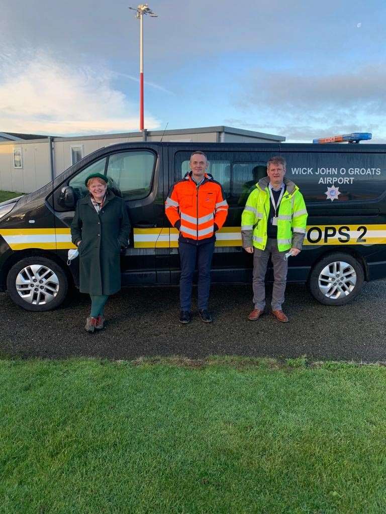 Cllr Margaret Davidson, leader of The Highland Council; Malcolm MacLeod, Highland Council's executive chief officer infrastructure & environment and Hial's north airports general manager, Dougie Cook at Wick John O'Groats airport.