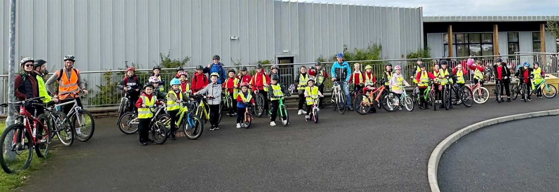 The cyclists after arriving at Noss Primary School on Tuesday morning.