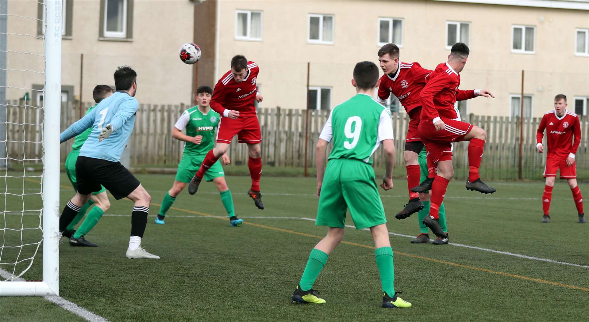 Allan Munro scores for the Vikings with a powerful header. Picture: James Gunn
