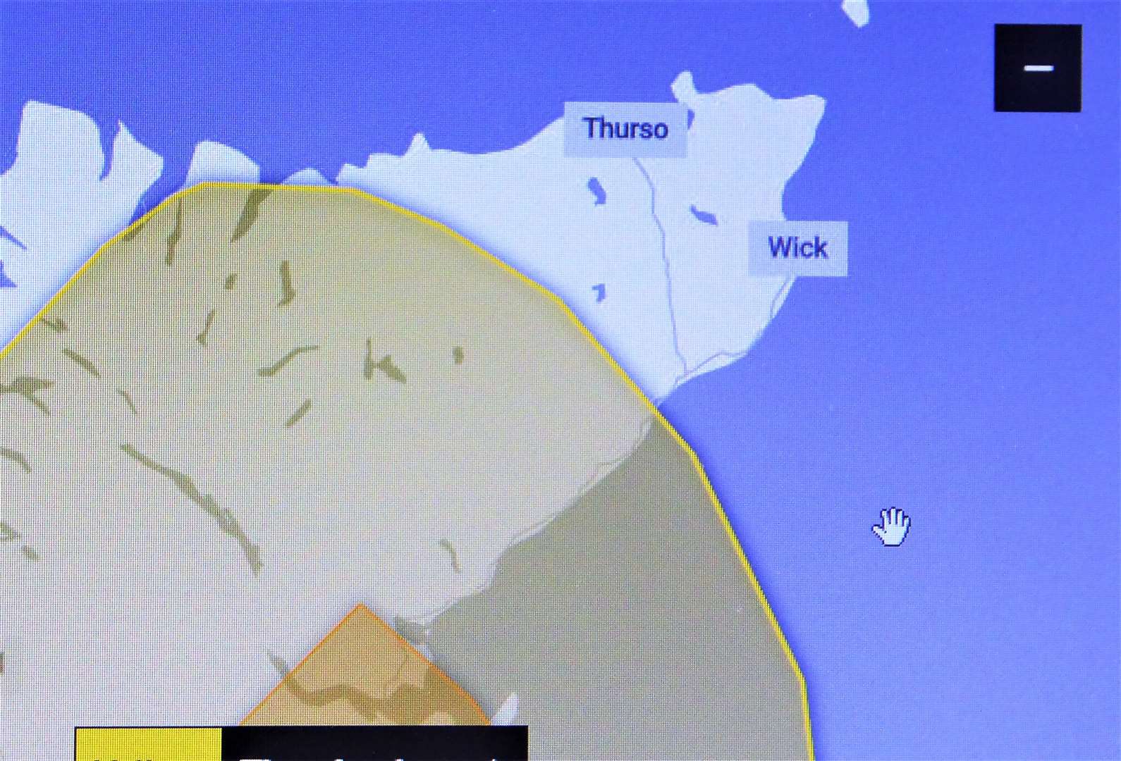 Met Office map with shaded area showing weather system across Caithness.