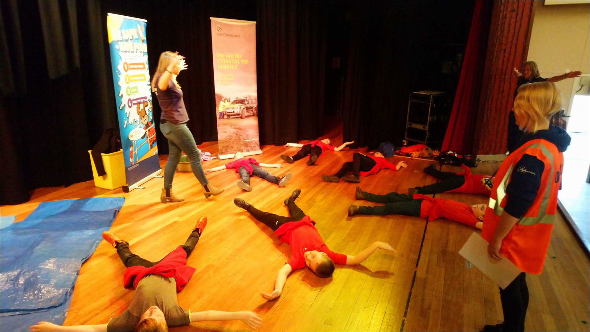 RNLI education manager Laura Erskine teaches P7s how to float and remain calm should they fall into water.