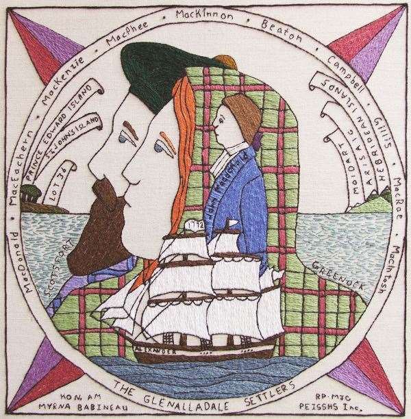 A tapestry panel about the Glenaladale settlers.