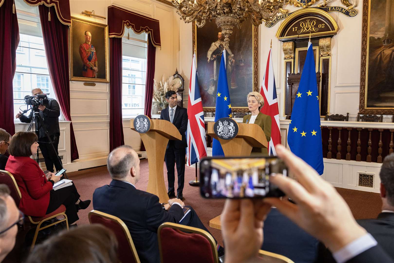 Prime Minister Rishi Sunak and European Commission president Ursula von der Leyen during a press conference at the Guildhall in Windsor, Berkshire last month following the announcement that they have struck a deal over the Northern Ireland Protocol (Dan Kitwood/PA)