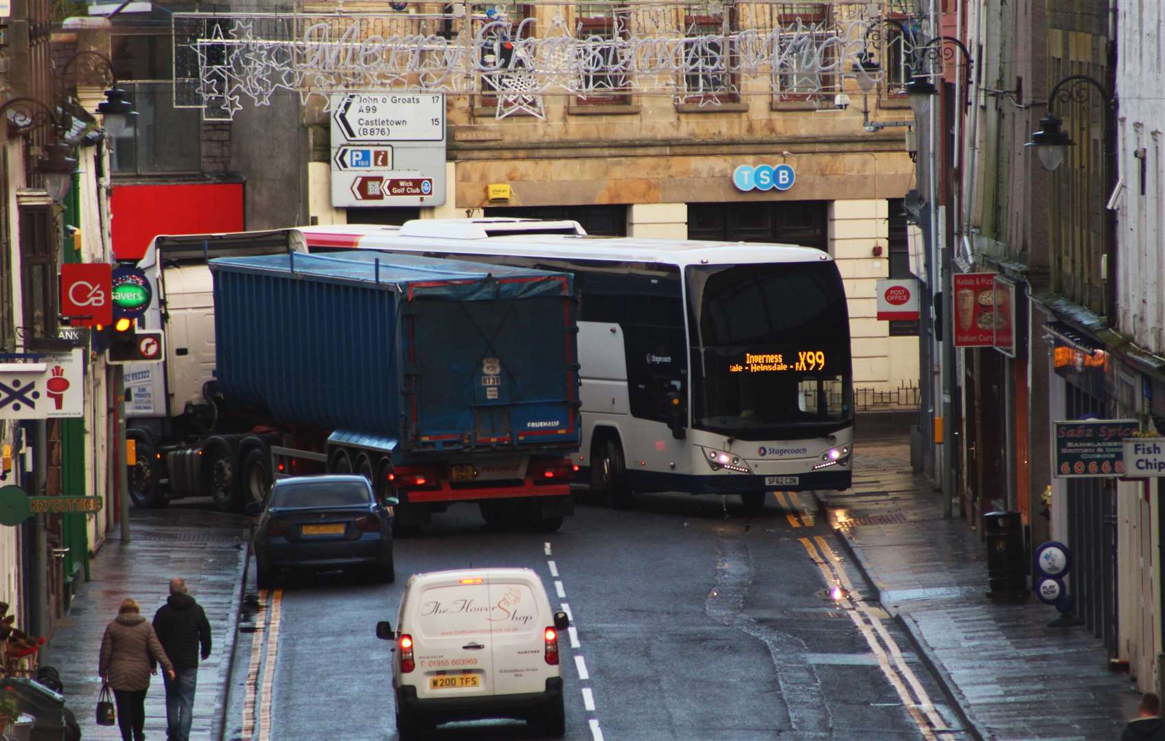 A Stagecoach X99 service squeezing past a lorry at the corner of High Street and Bridge Street in Wick last month. Picture: Alan Hendry