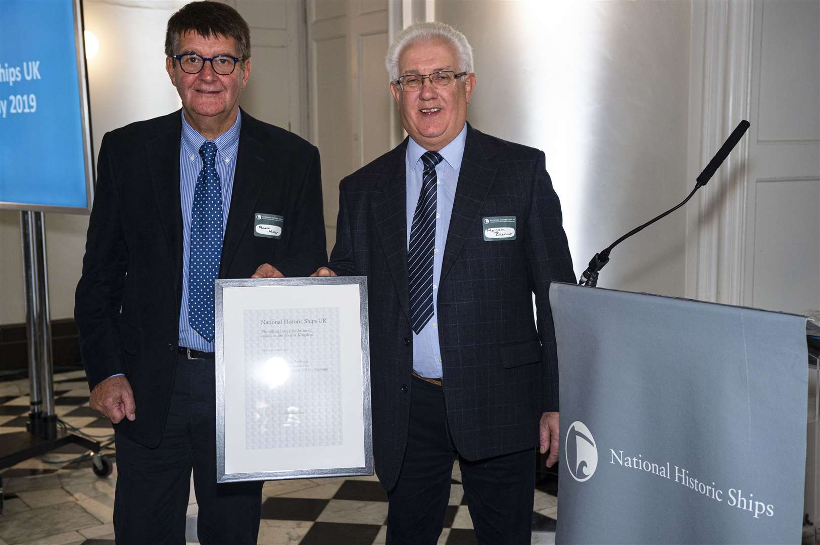 Wick Society boat section secretary Alan Miller (left) with Malcolm Bremner at the awards ceremony in Greenwich, London. Pictures: National Historic Ships UK