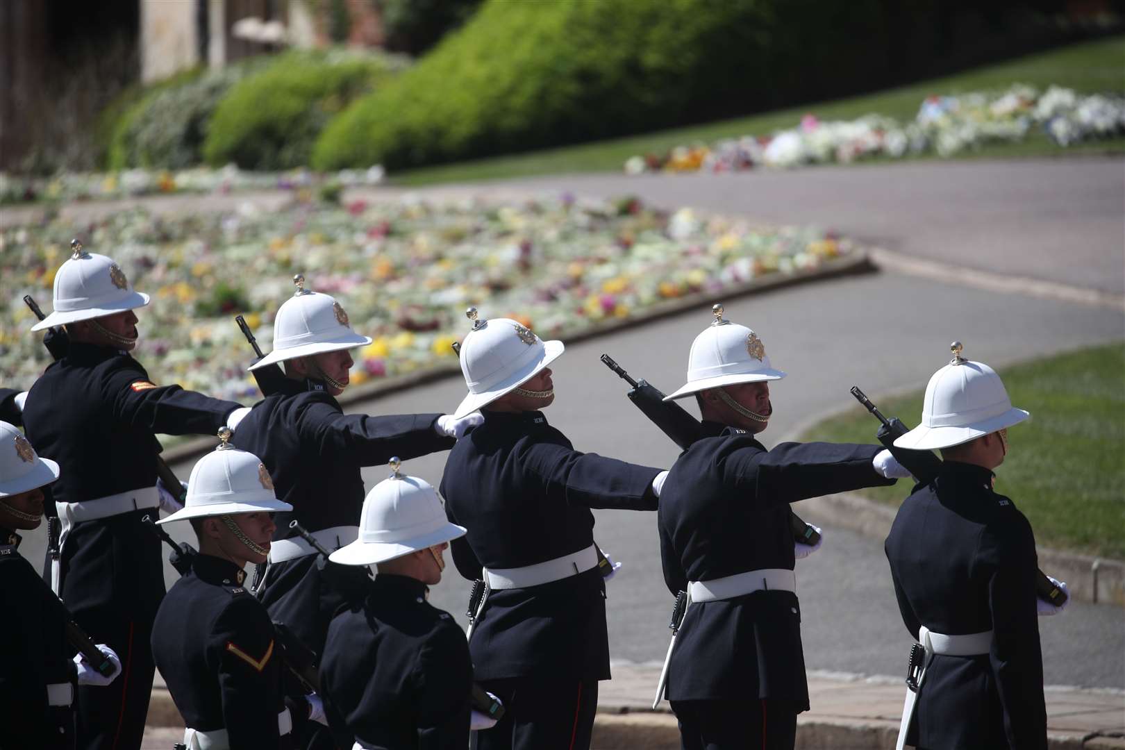 Members of the Royal Marines line the route of the procession (Steve Parsons/PA)