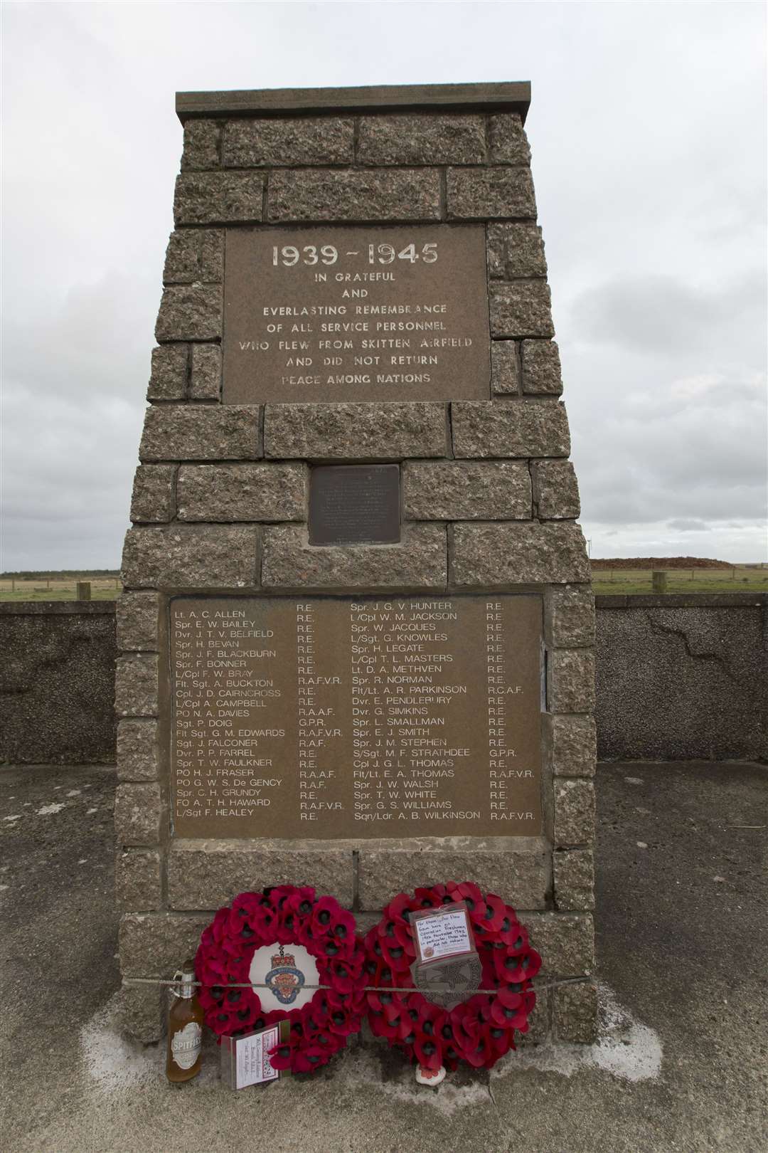 The Skitten airfield memorial with the newly laid poppy wreaths marking the 80th anniversary of Operation Freshman. Picture: Robert MacDonald/Northern Studios