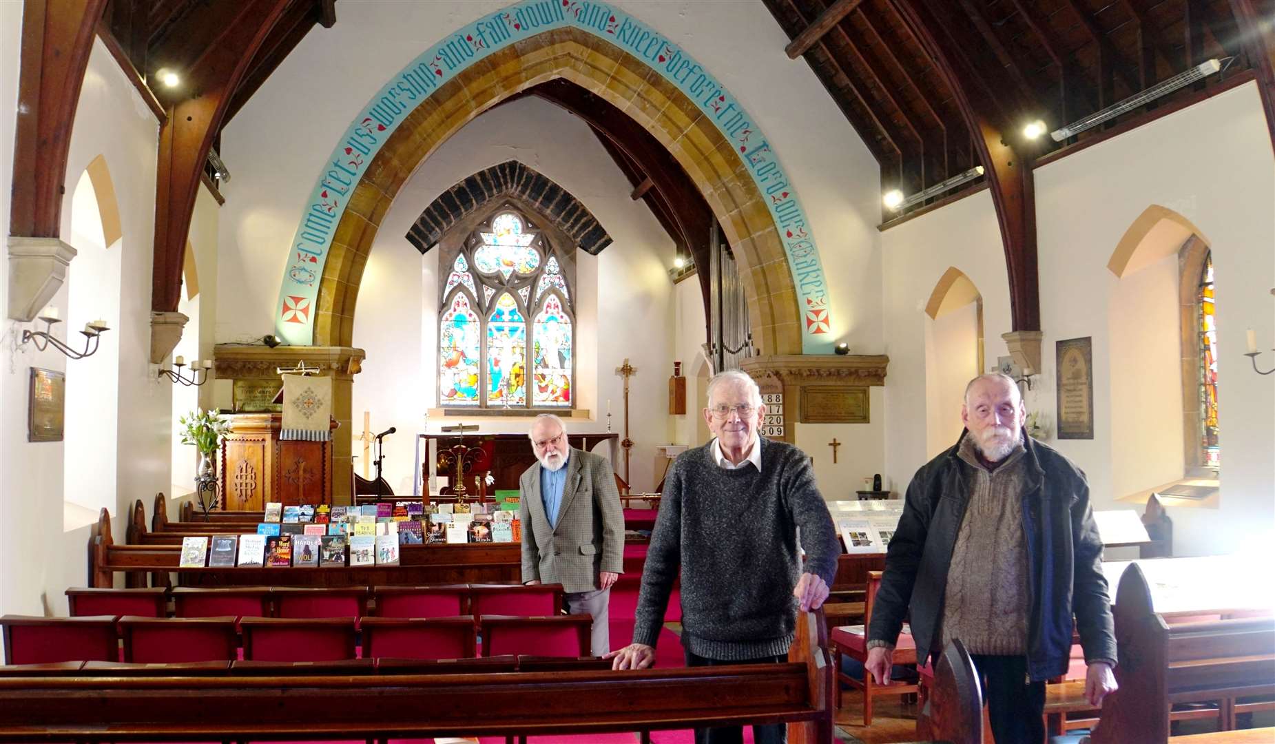 St John's Church interior with, from left, Gordon Johnson, Richard Stanley and Brian Thorogood.