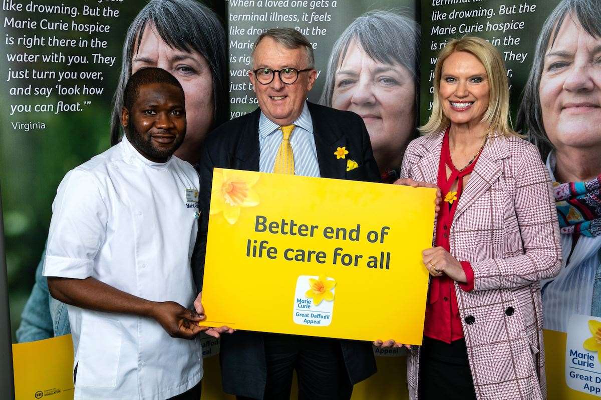 Jamie Stone and Anneka Rice with Marie Curie rapid response healthcare assistant Lukmon Adeyemi at a parliamentary event to mark the charity's appeal. Picture: Pete Jones